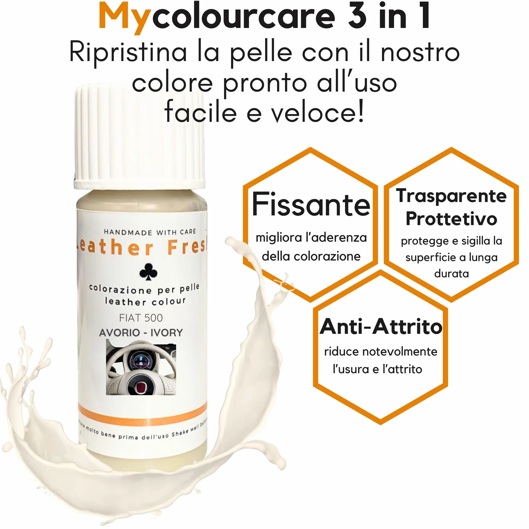 Mycolourcare Kit Ritocco Volante compatibile Fiat 500 Bianco Avorio Pelle Similpelle 3 in 1