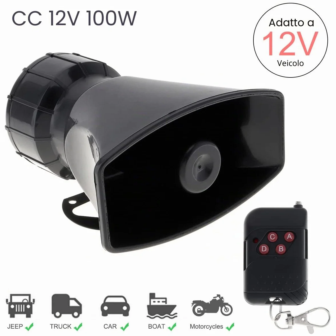 Sirena per auto con 7 diversi toni, suono del clacson, ambulanza, sirena, traffico, con telecomando, 12 V, 100 W (1 x telecomando)
