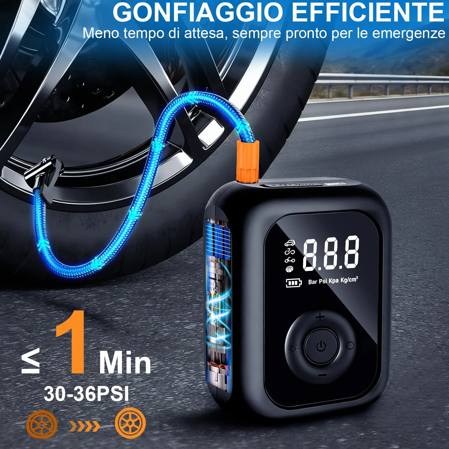 Compressore Aria Portatile 150PSI Pompa Elettrica Bicicletta Mini Schermo LED Digitale Illuminazione LED Auto Moto