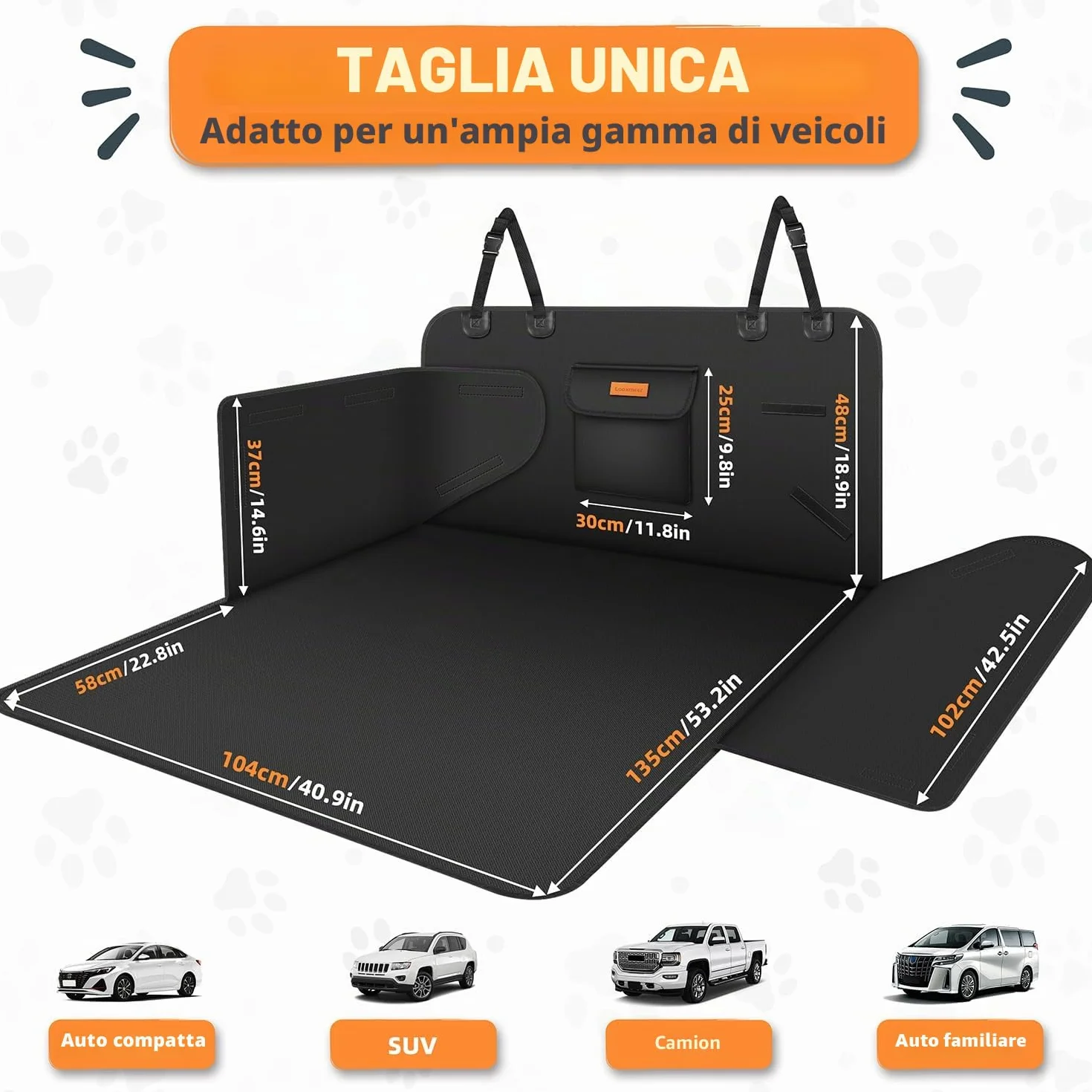 Protezione Bagagliaio Auto per Cani, Telo Auto per Cani con Tasca, Protezione Laterale e Paraurti, Impermeabile Antistrappo Antiscivolo, Universale per Auto, SUV, 183 x 104 cm, Nero(Leggero)