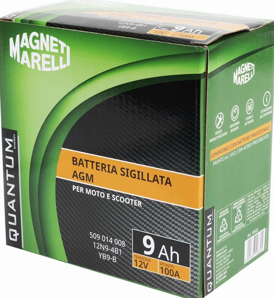 Quantum Energy Magneti marelli batteria moto e scooter 9AH 12V 100A tecnologia AGM sigillata polo positivo sinistro