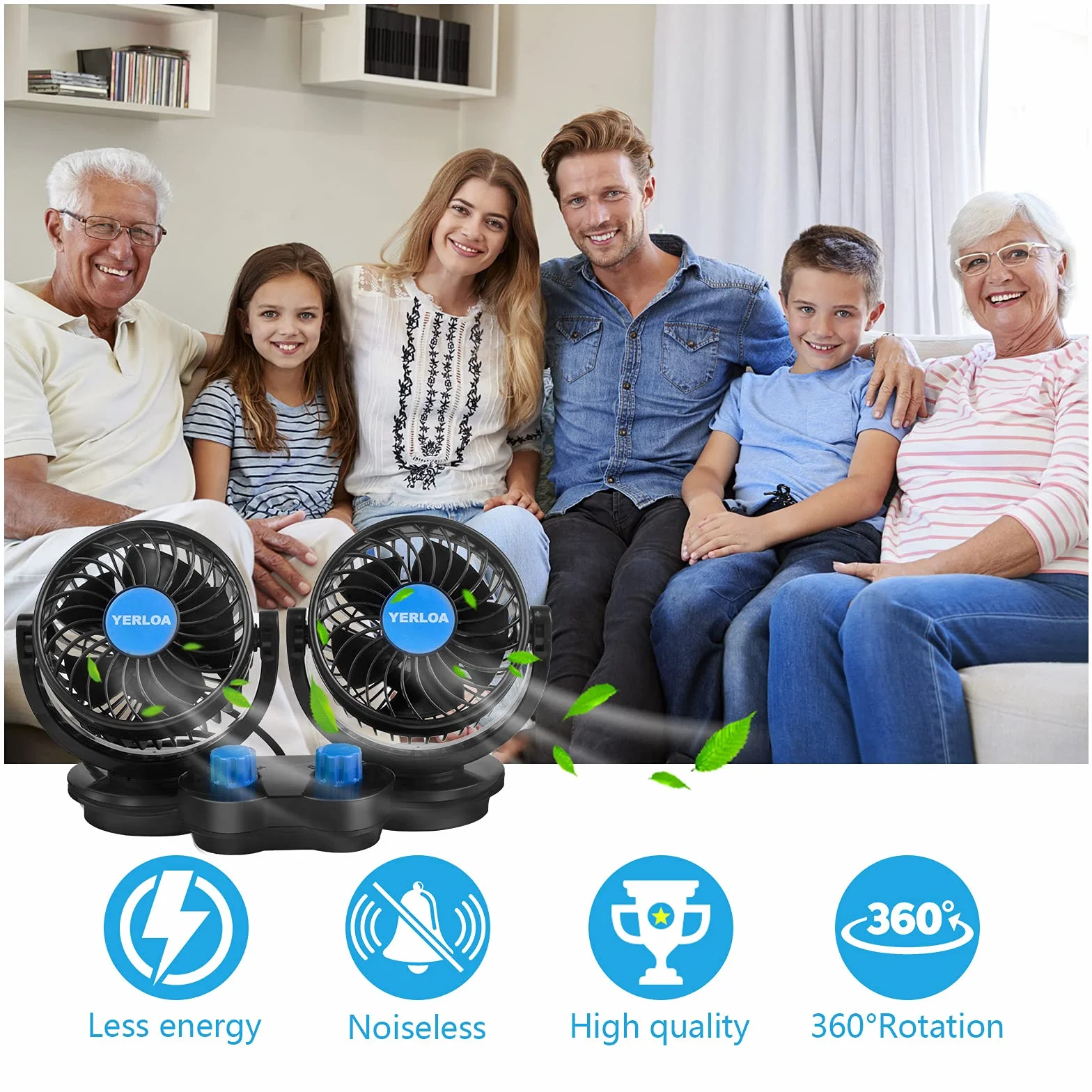 Yerloa Ventilatore Auto 12V, 12V Ventilatore di Raffreddamento per Auto con Rotazione a 360°, Potente e Silenzioso, Presa Accendisigari, per SUV, Camper, Golf Cart e Veicoli
