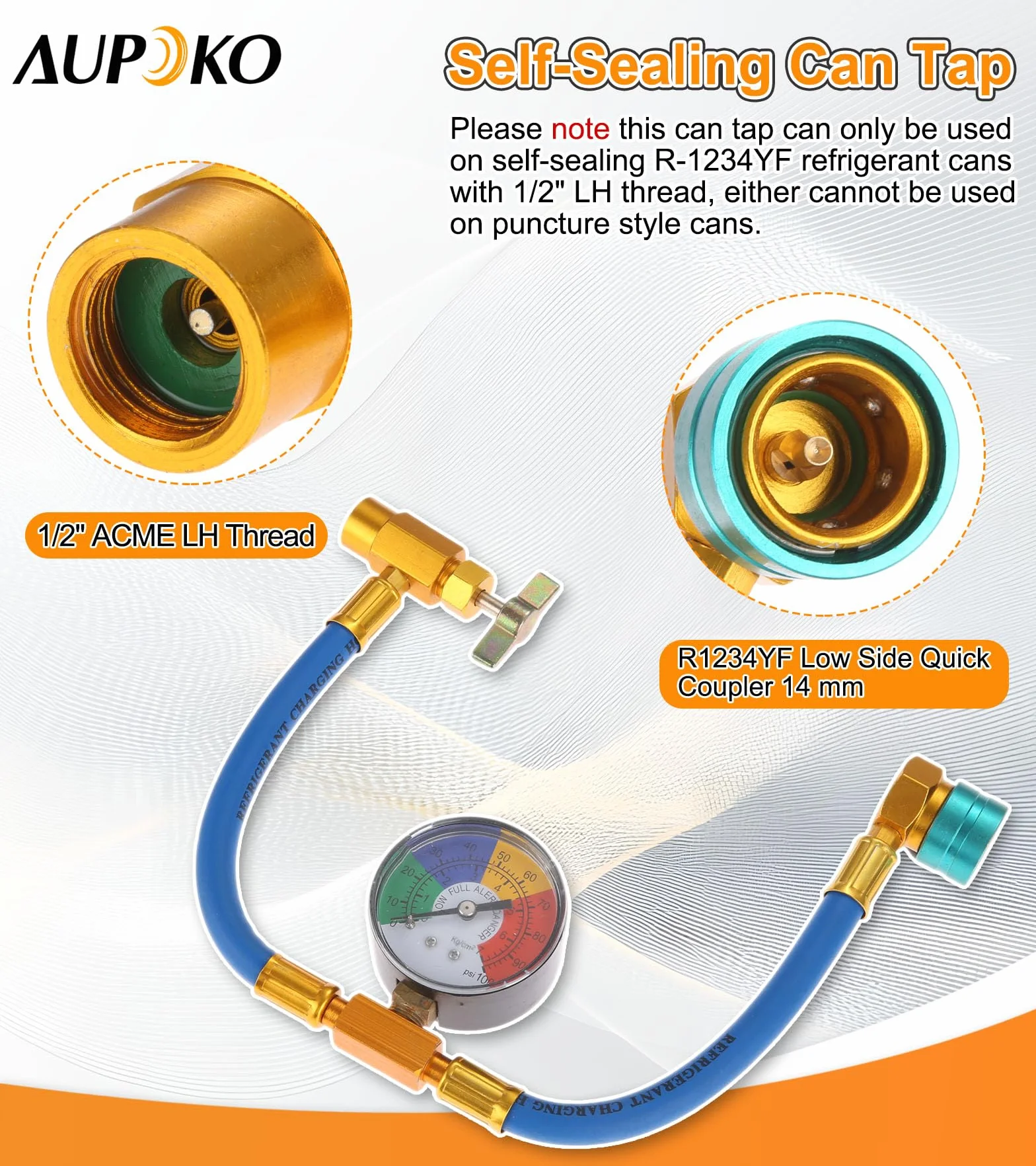 Aupoko R1234YF R1234YF - Kit per tubo di ricarica refrigerante Acme a sinistra per auto e casa A/C Refrigerant System R1234YF Low Side Quick Coupler e manometro per auto e casa A/C Refrigerant System