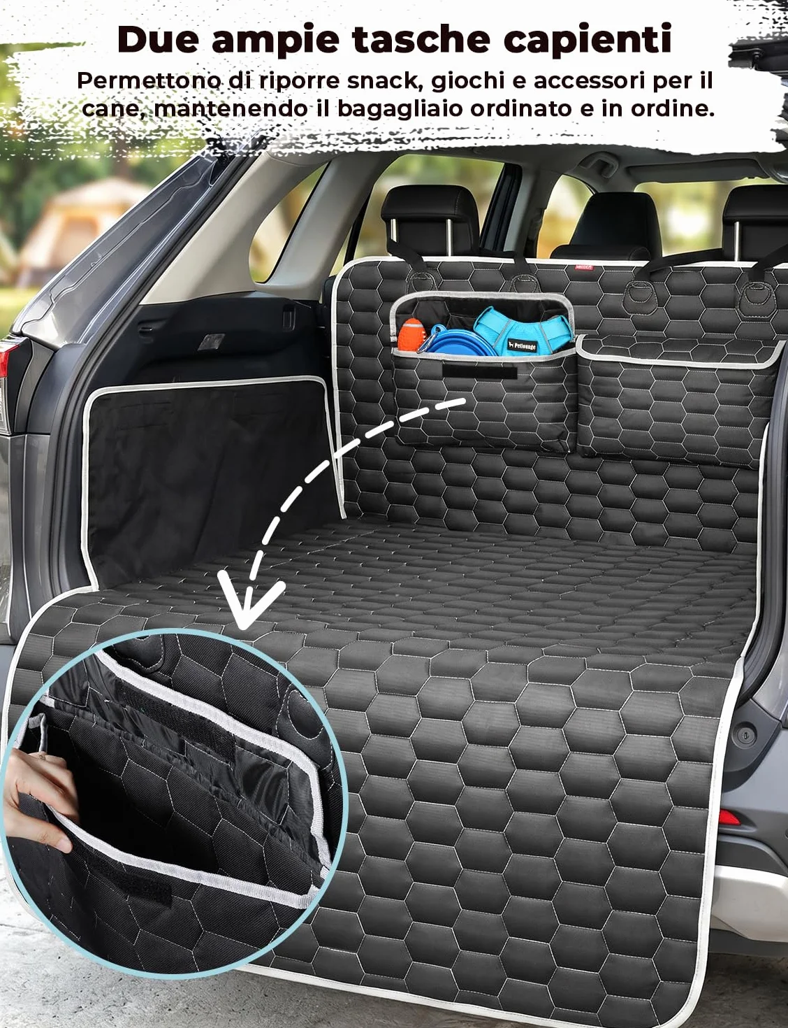 Oasser Telo Auto per Cani Bagagliaio con 2 Tasche Grandi,Impermeabile,Antiscivolo,Antipolvere,185 x 103 cm con Protezione Laterale e Paraurti,Lavabile in lavatrice,Universale per Auto e SUV Nero