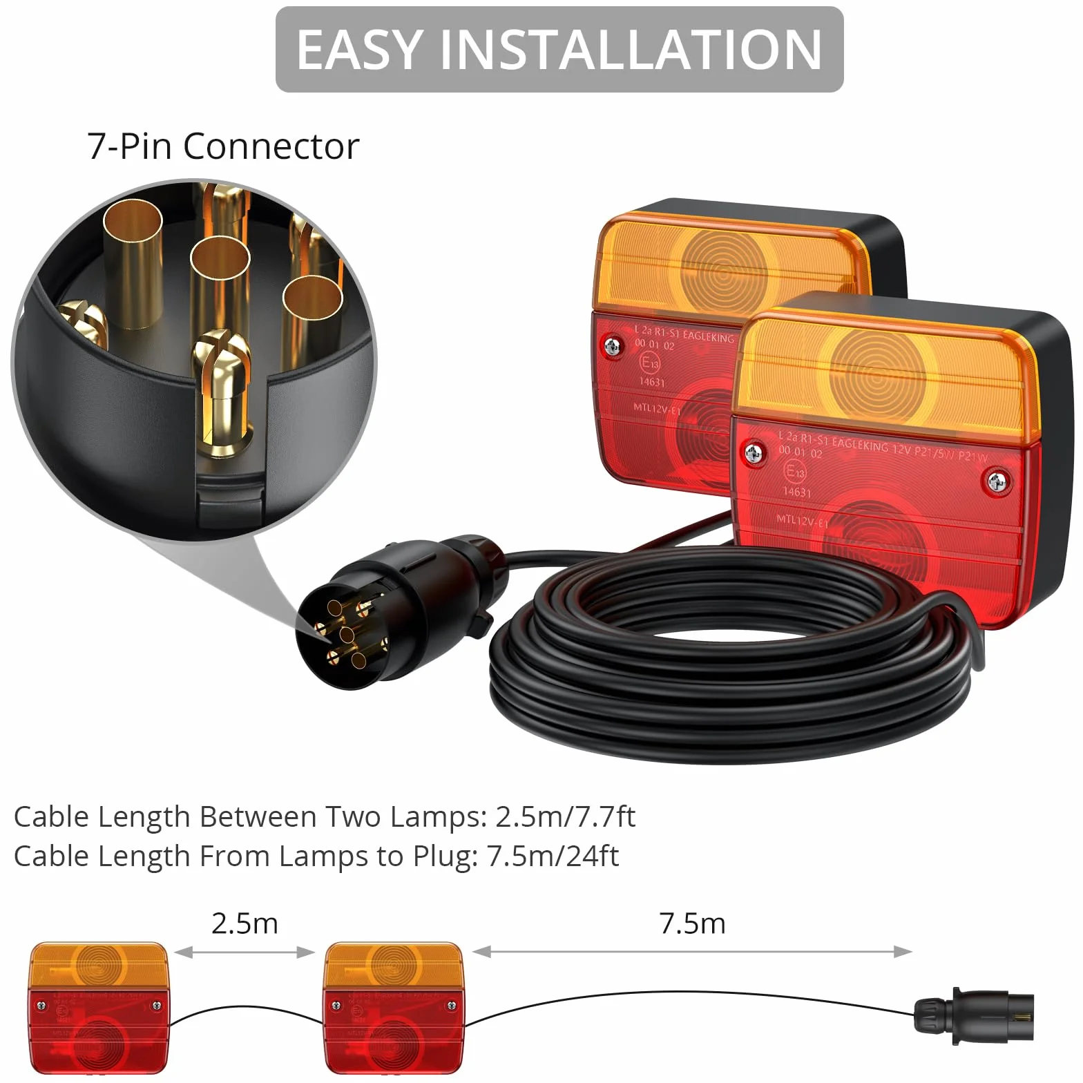 Justech 2 Pezzi Luci Posteriori Super Luminoso 12V Luci Posteriore del Rimorchio con E-mark Set Fanali Posteriori Impermeabile IP65 con Cavo da 7,5 m Fanali LED Rimorchio 21W con Montato a Vite