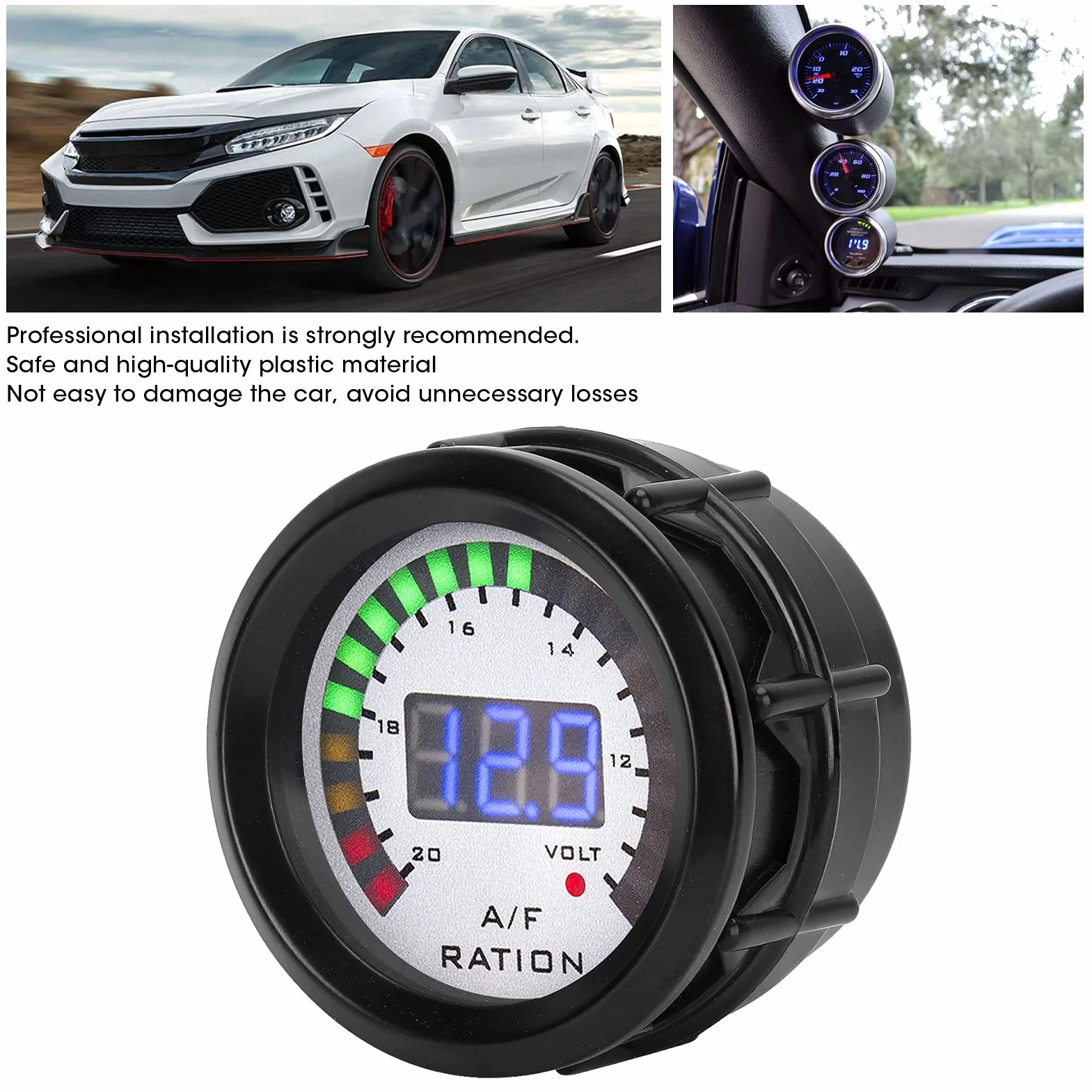 KIMISS Kit Indicatore Rapporto Carburante Aria AFR, Indicatore Rapporto Carburante Aria Auto 52mm LED Blu Digitale per Veicolo a Benzina 12V 4/6/8 Cilindri