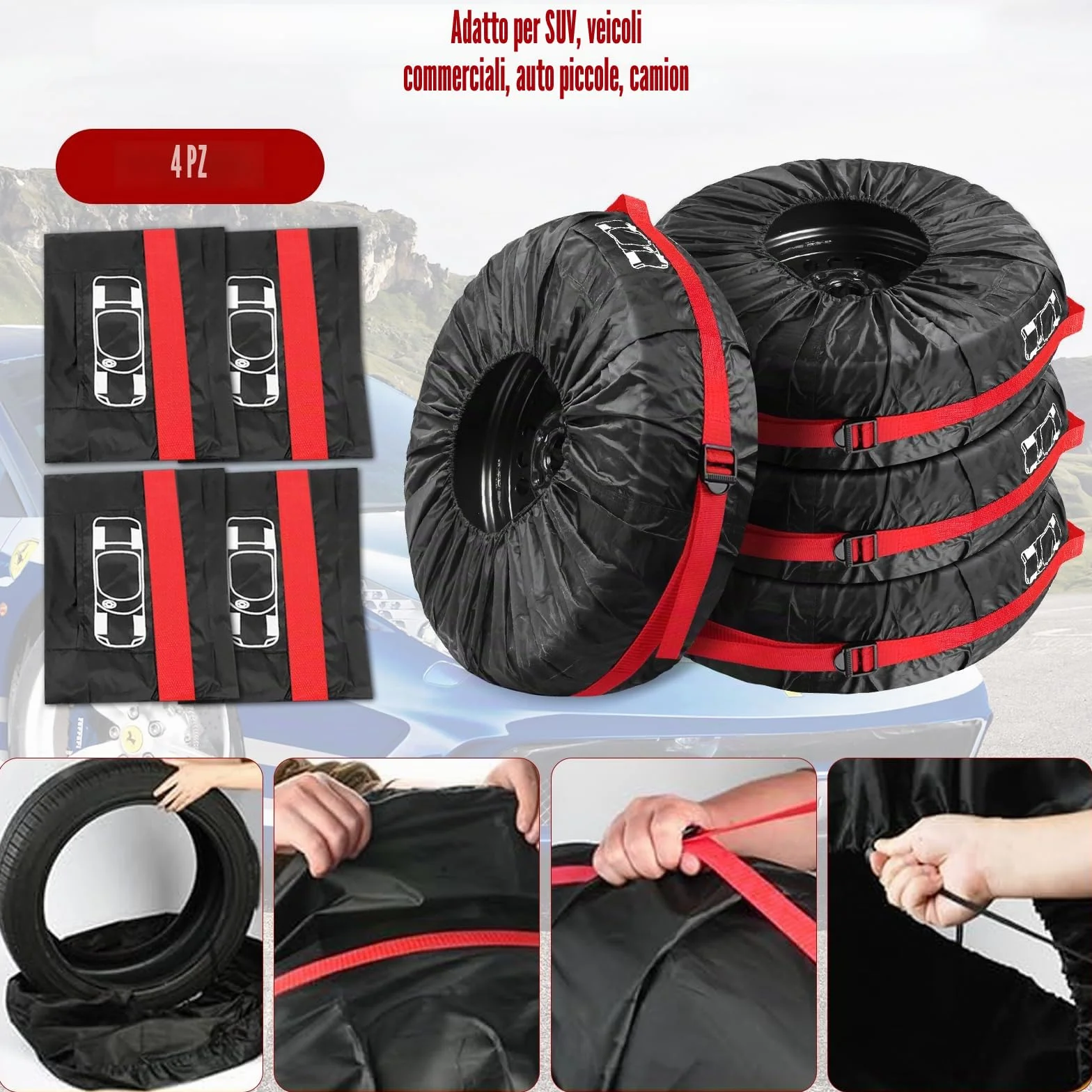 Set di 4 Borse per Pneumatici Auto 18-22 Pollici Copriruota Impermeabile Antipolvere Diametro 80 cm