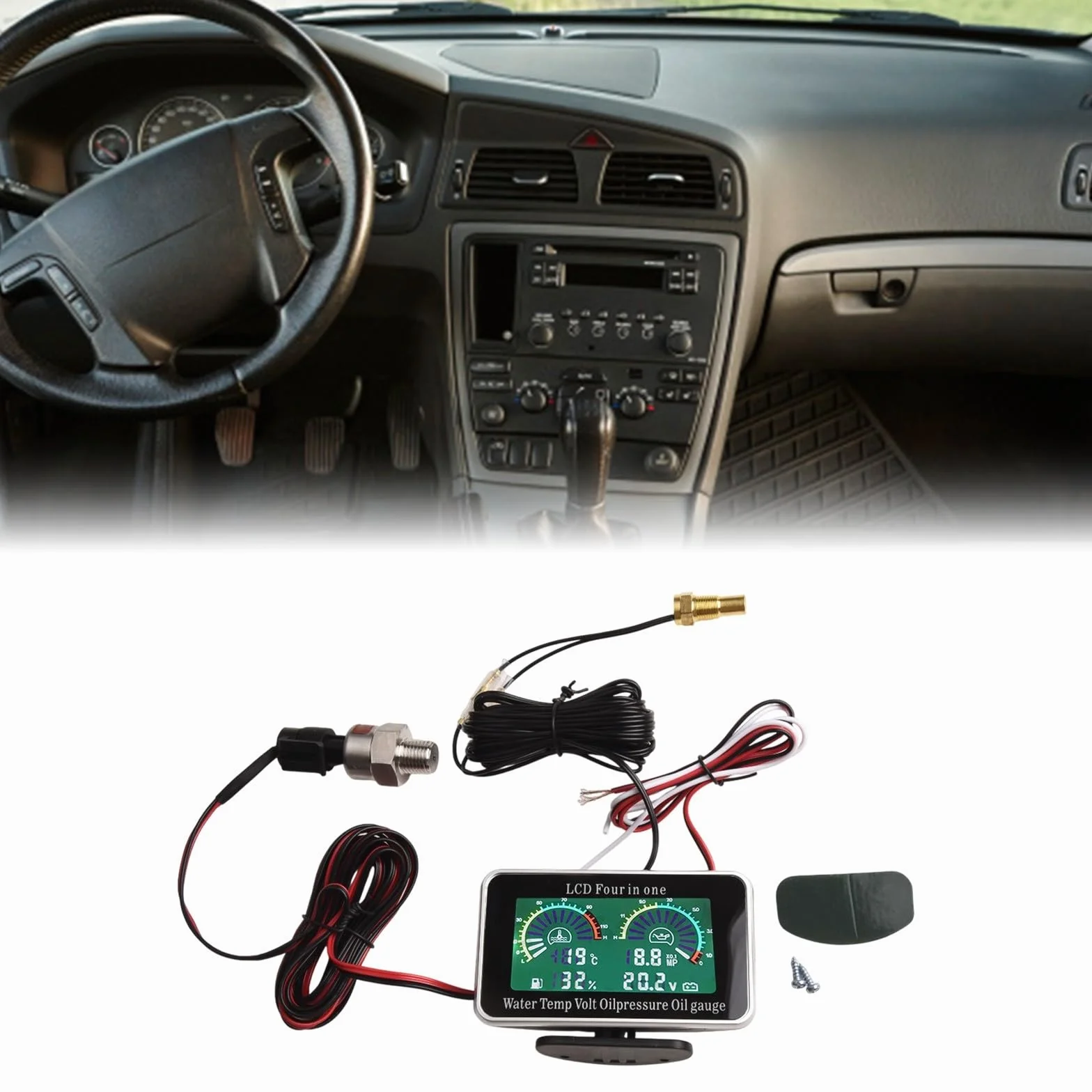 Manometro digitale LCD 4 in 1 per auto con misuratore di pressione dell'olio, visualizzazione della temperatura dell'acqua, indicatore del livello del carburante e voltmetro, ampia gamma 9-39 V