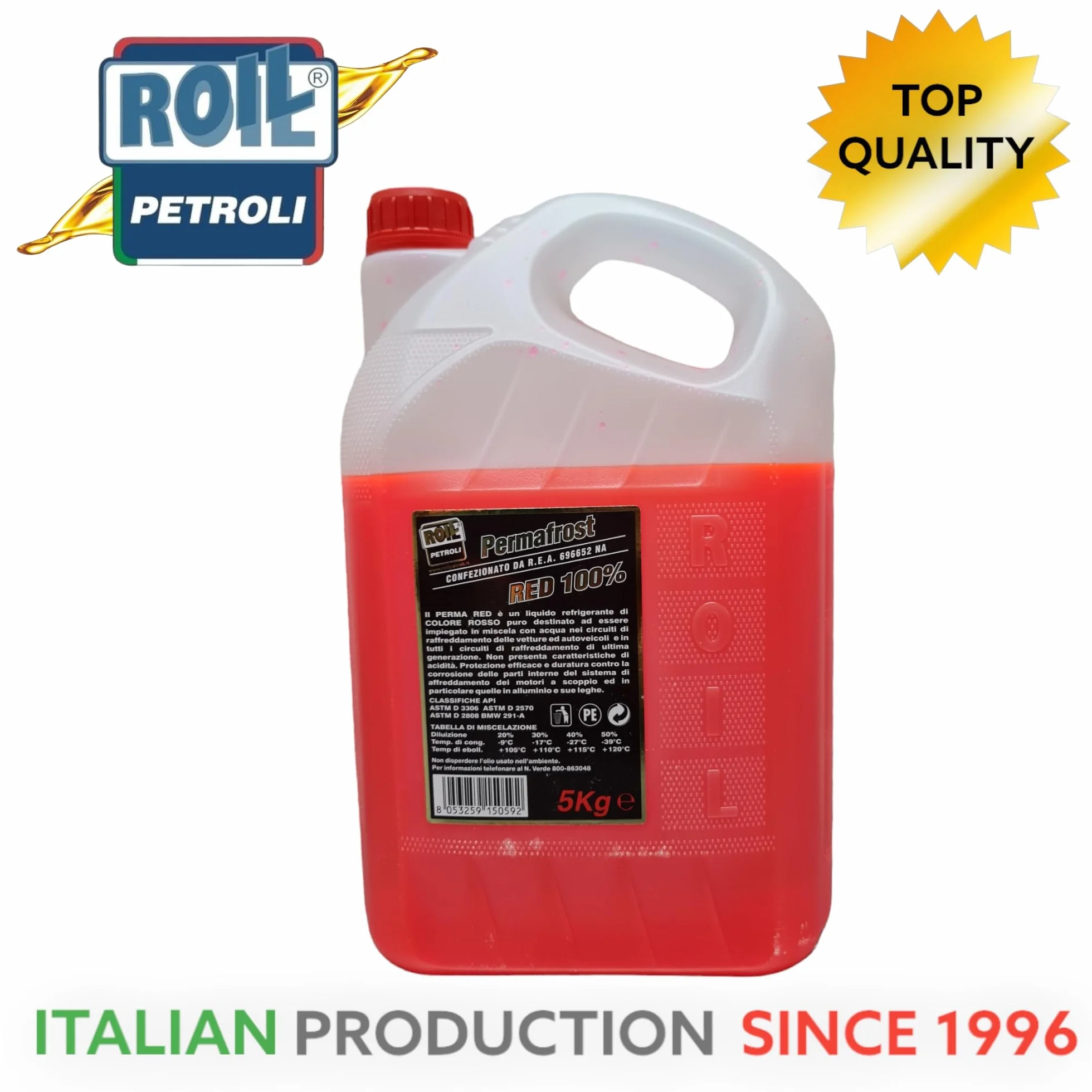 Roil PERMAFROST ANTIGELO Rosso G 12 SUPERCONCENTRATO Diluito al 50% con Acqua, Si ottengono 10 Litri di Liquido Pronto all'Uso con Protezione -40° +120° (5 kg.)