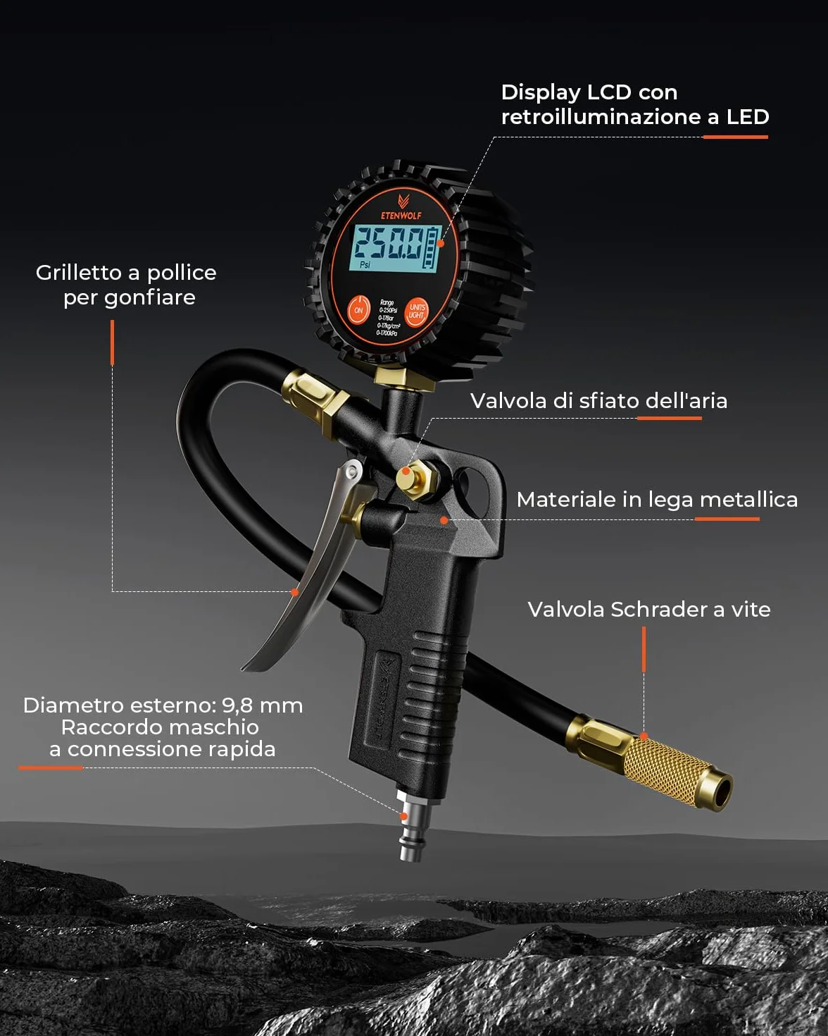 ETENWOLF T500 Manometro Pressione Gomme Digitale 0-17Bar 250 PSI Pistola Gonfiaggio con Borsa