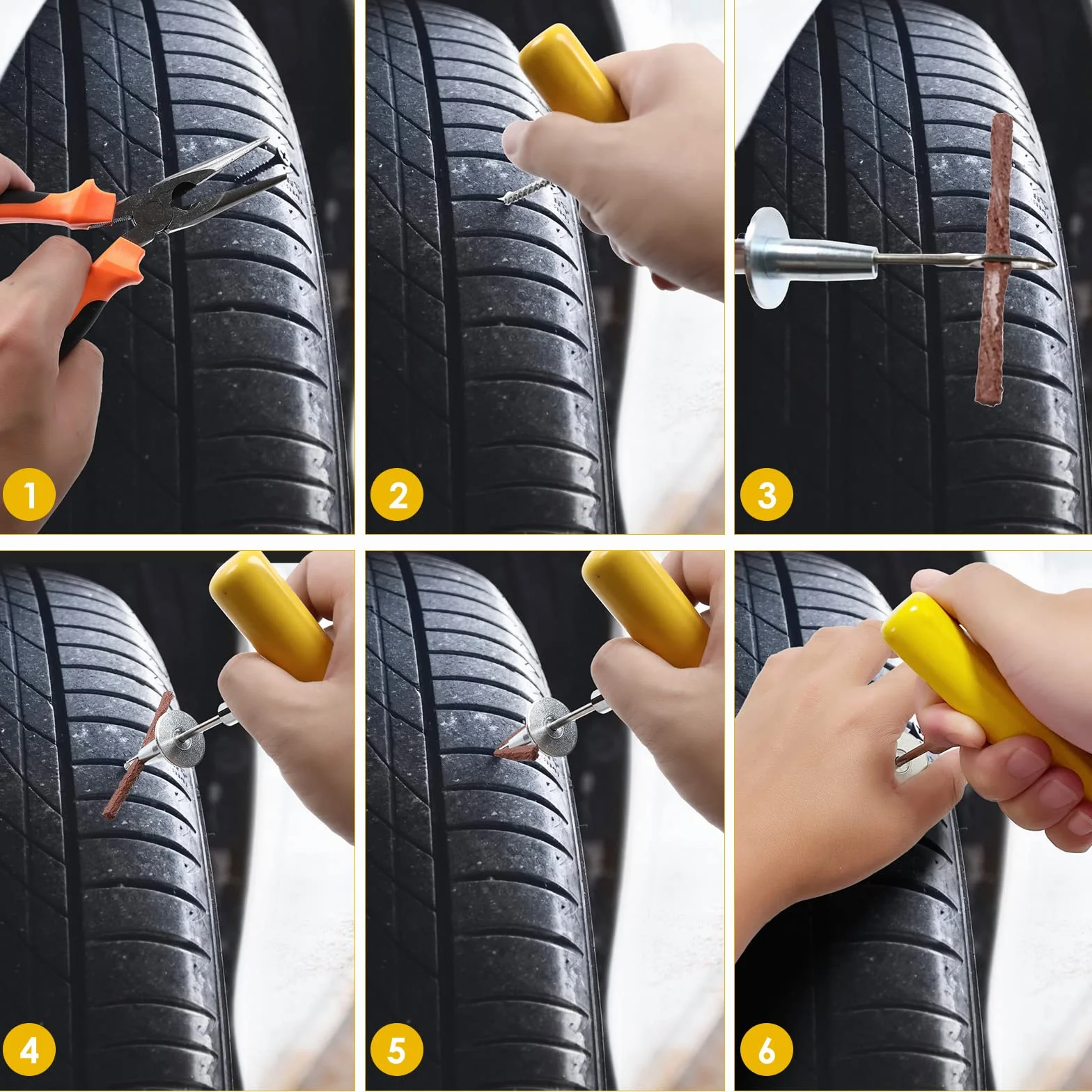Kit Riparazione Pneumatici 100 Pezzi con Manometro Pressione, Guanti e Riparazione Rapida Chiodo per Auto Biciclette Motocicli