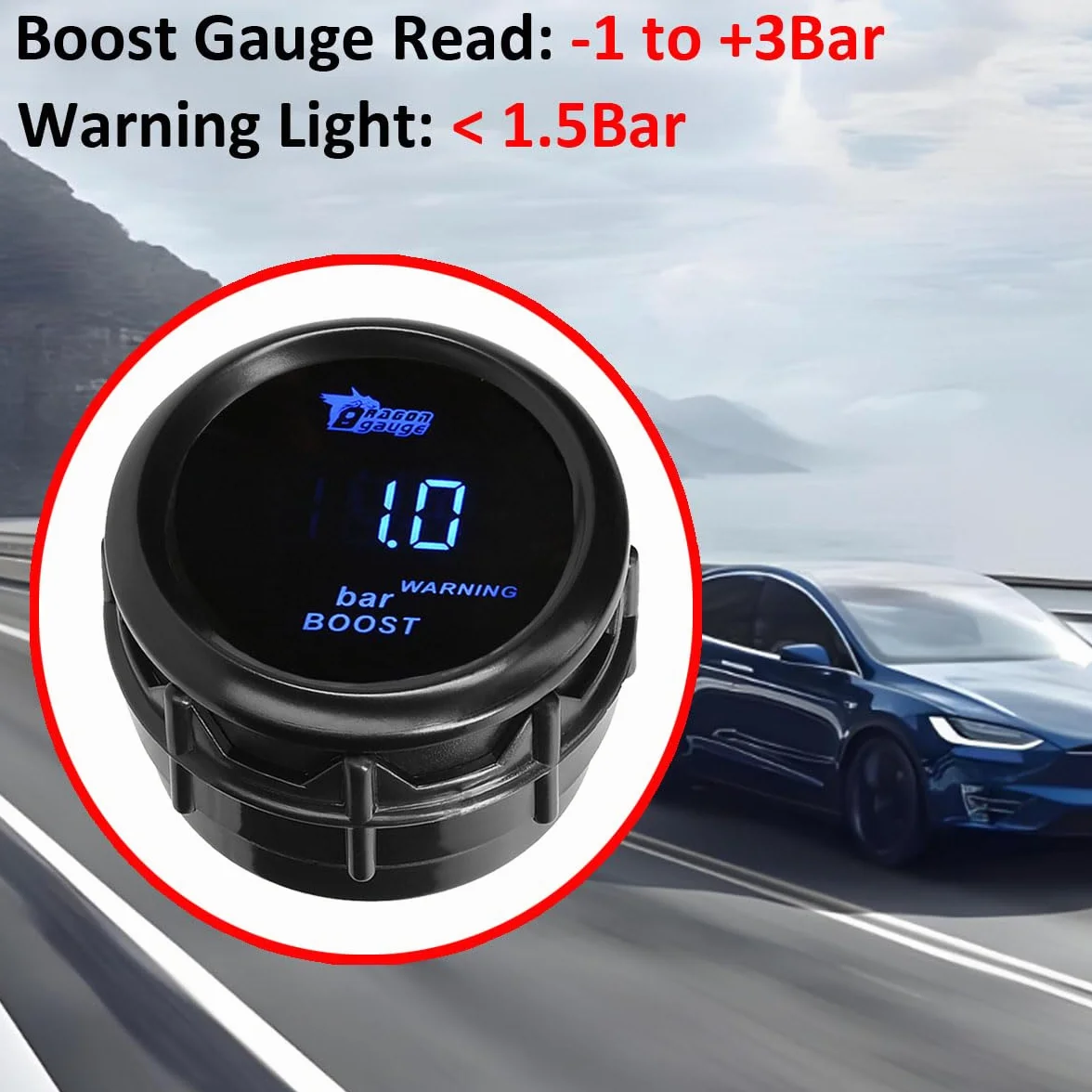 Indicatore di Boost per Auto 52mm Turbo Boost Manometro Con Sensore 12V Blu Luce Digitali Turbo Pressione Strumenti Calibro Spinta Gauge Misuratore -1 a +3 Bar