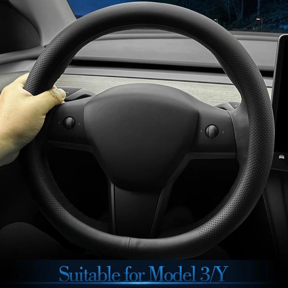 Coprivolante auto in pelle Nappa per Tesla Model 3/Y antiscivolo Nero