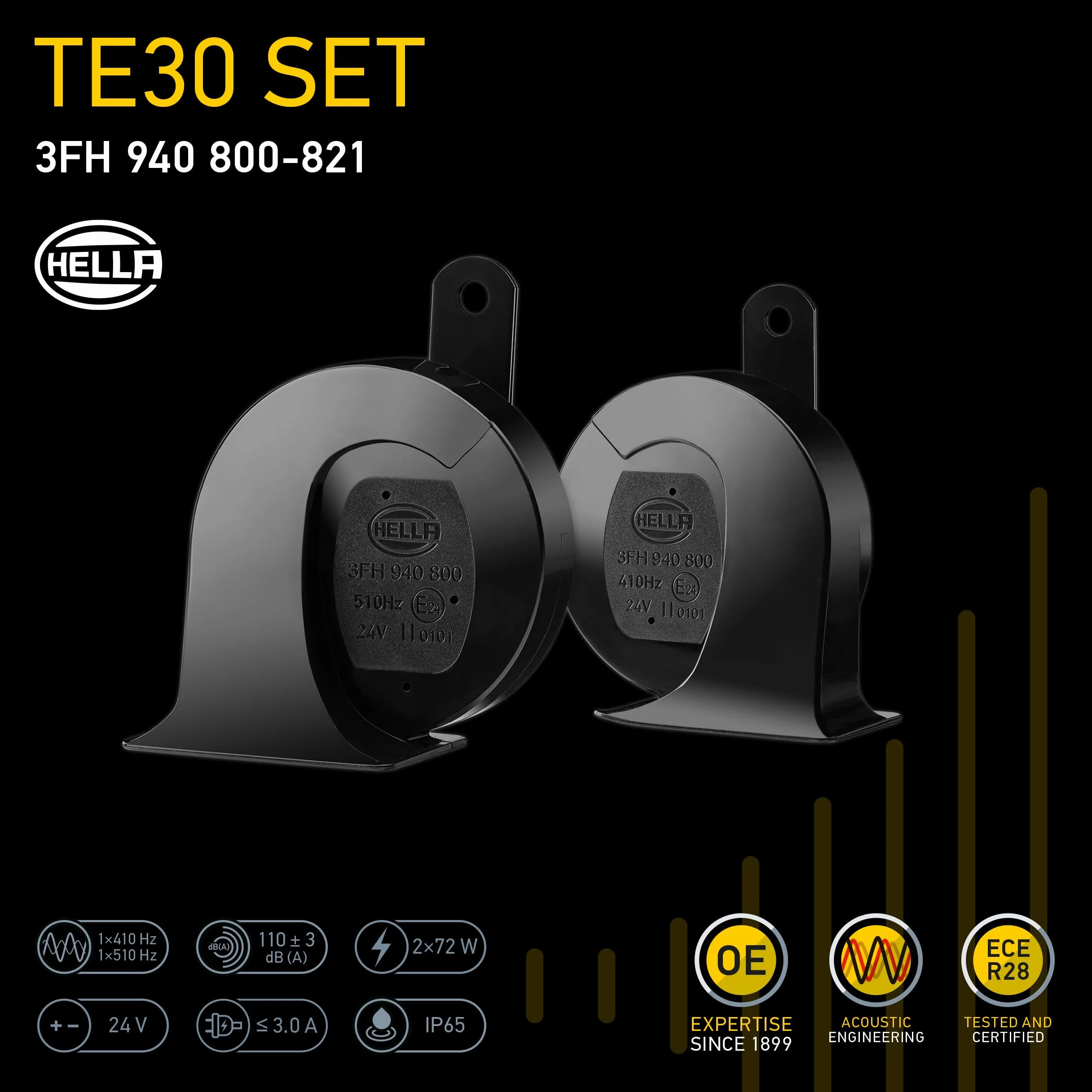 HELLA Tromba,HEAVY DUTY HORN TE30 SET,24V,110dB(A),Gamma frequenze da,410Hz,Gamma frequenze fino a,510Hz,Tono alto/Tono basso,elettrico,Quantità,2,3FH 940 800-821