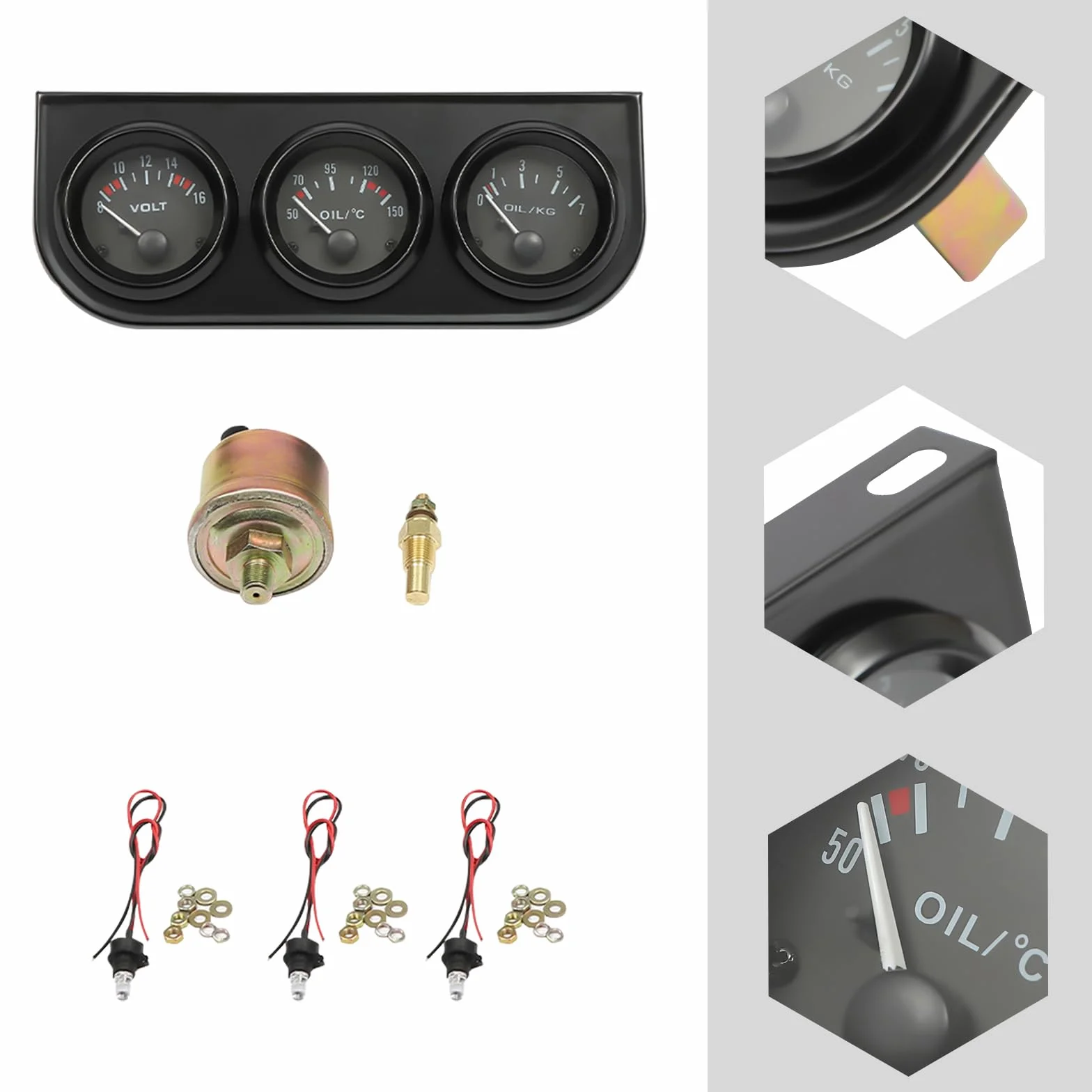 3 in 1 strumenti per auto, temperatura dell'olio, indicatore di voltaggio, per veicoli da 8 a 16 V, facile lettura