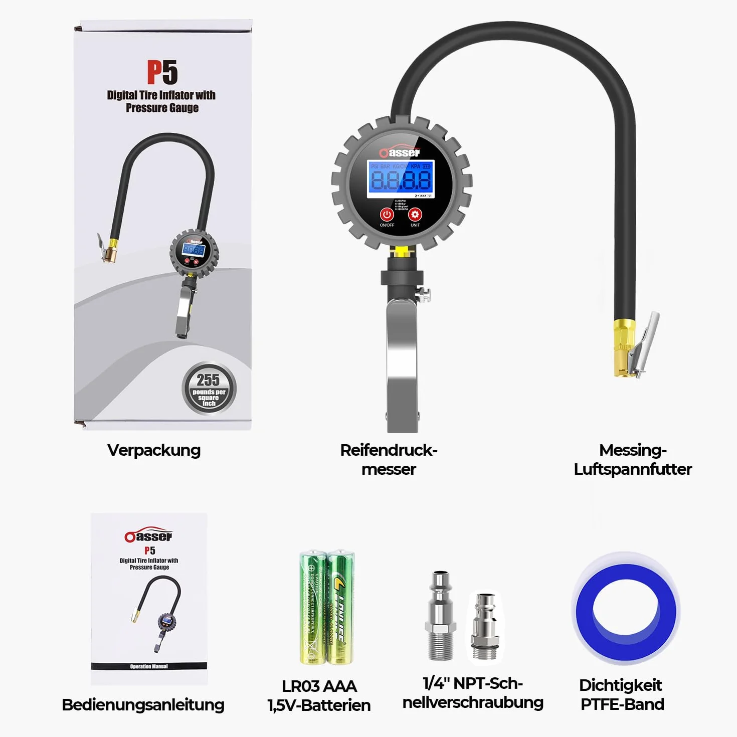 Oasser Misuratore Di Pressione Per Pneumatici Digitale Gonfiatore Pneumatici 255 Psi Tester Digitale Della Pressione Dei Pneumatici Attacco Standard Us&Eu