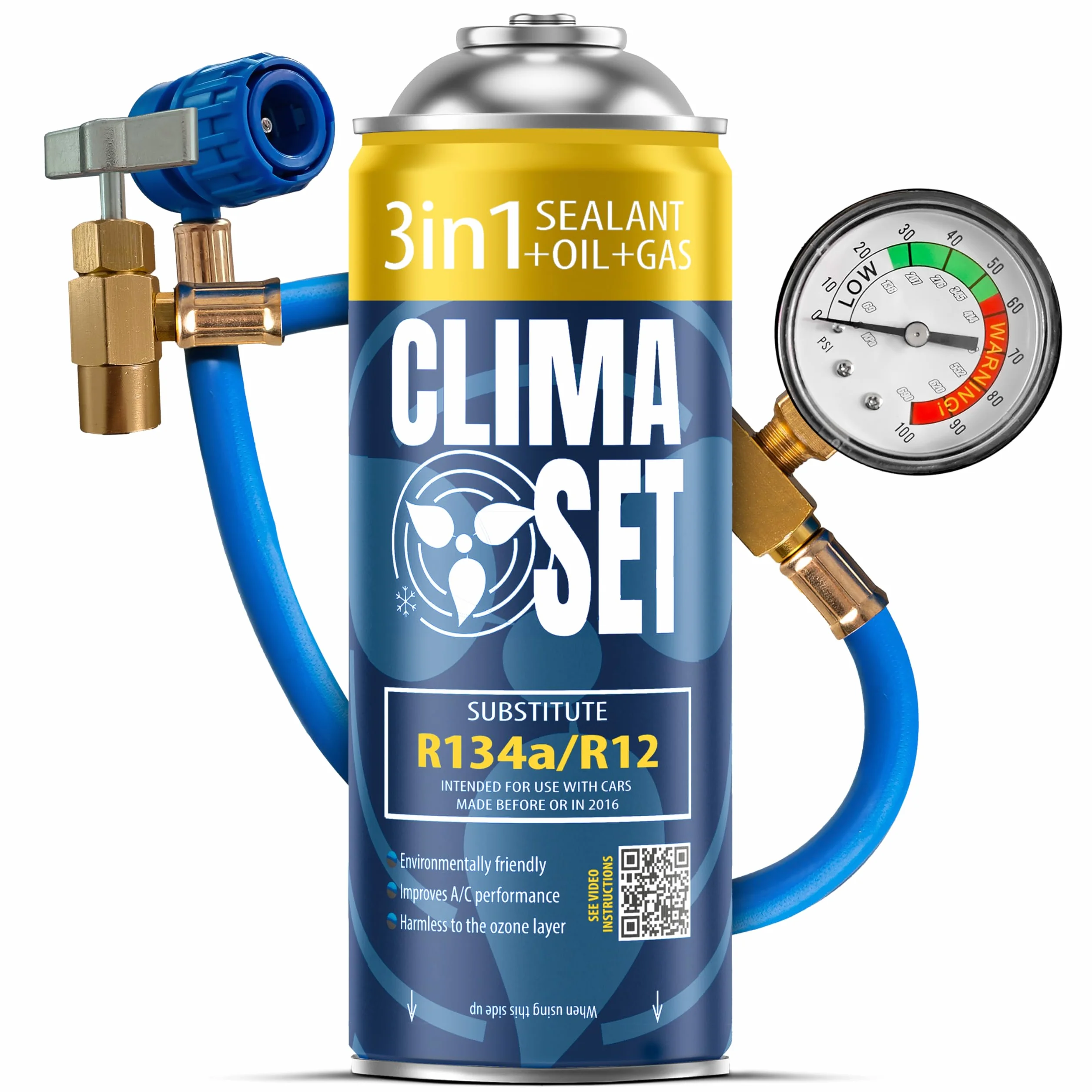 ClimaSet 3in1 Refrigerante di ricambio R134a 170 g - refrigerante R134a, R12 e Olio e Turafalle con tubo gas e manometri condizionatori - kit ricarica clima auto - ECO bombola