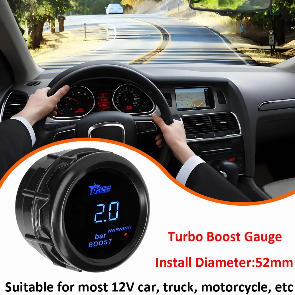 Indicatore di Boost per Auto 52mm Turbo Boost Manometro Con Sensore 12V Blu Luce Digitali Turbo Pressione Strumenti Calibro Spinta Gauge Misuratore -1 a +3 Bar