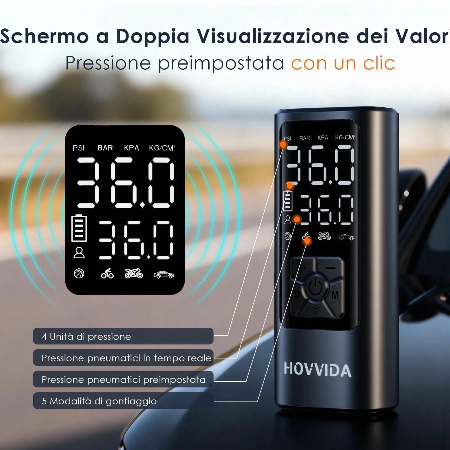 HOVVIDA Compressore Aria Portatile 150 PSI 10,3 Bar 5V Spegnimento Automatico LED