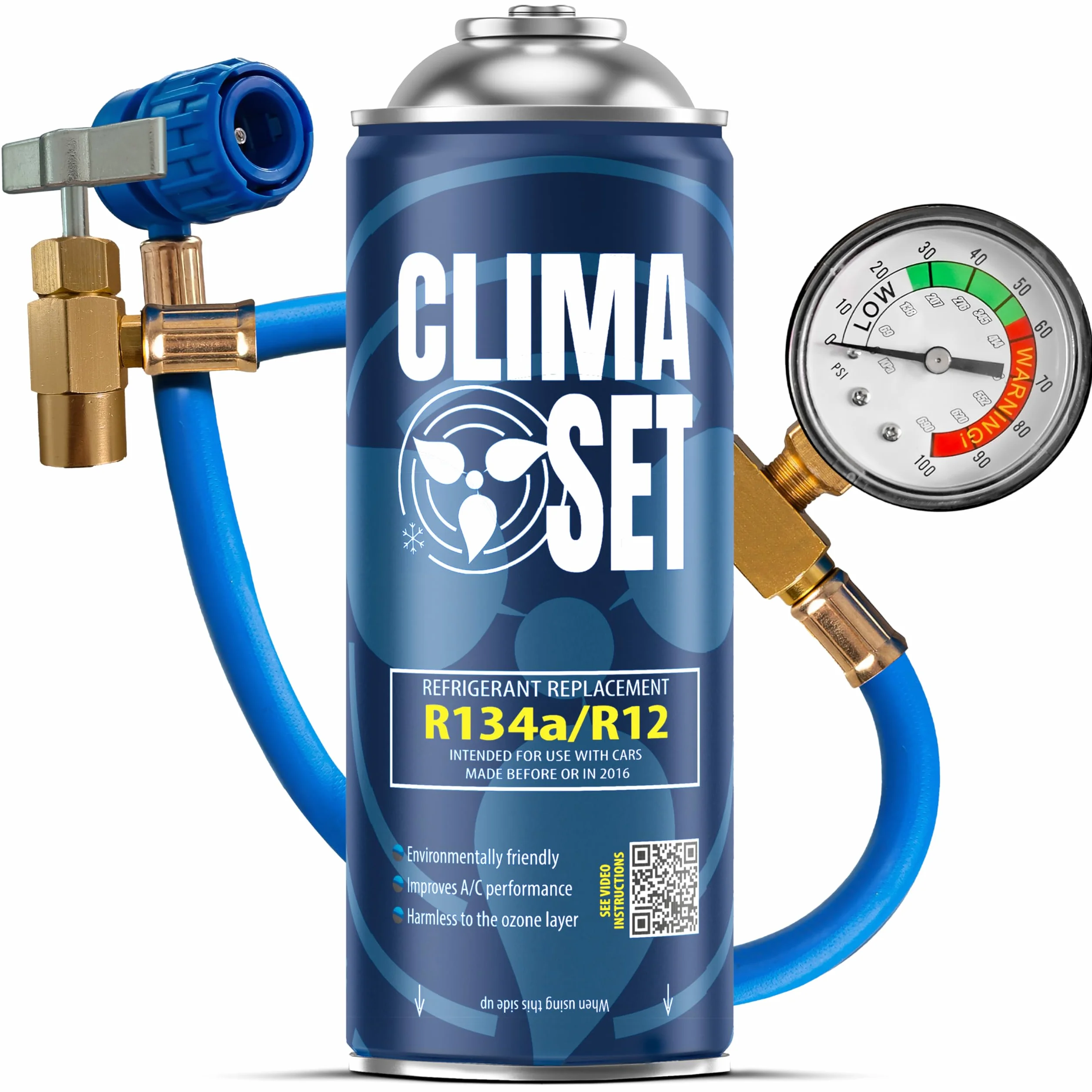 Refrigerante di ricambio R134a 170 g per climatizzatore auto con tubo gas e manometri condizionatori – kit ricarica clima auto - refrigerante R134a – ECO bombola