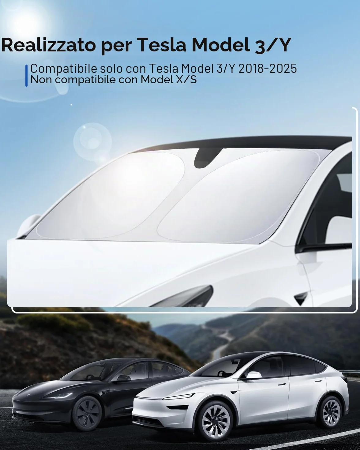 Paravento Parabrezza per Tesla Model 3/Y Parasole Pieghevole con Borsa di Stoccaggio Blocca i Raggi UV Ombrello Model 3/Y 2018-2026 Highland Juniper Accessori