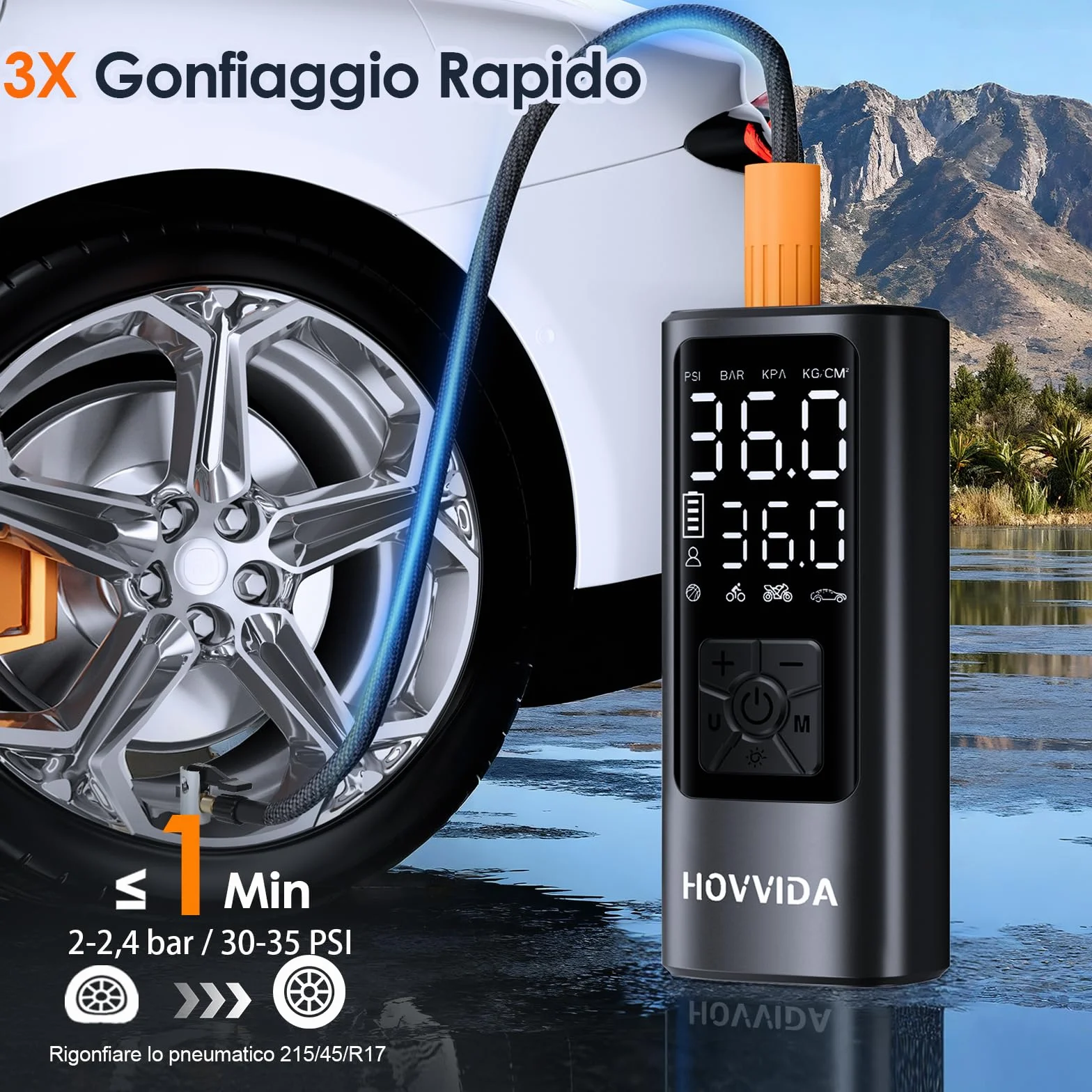 HOVVIDA Compressore Aria Portatile 150 PSI 10,3 Bar 5V Spegnimento Automatico LED