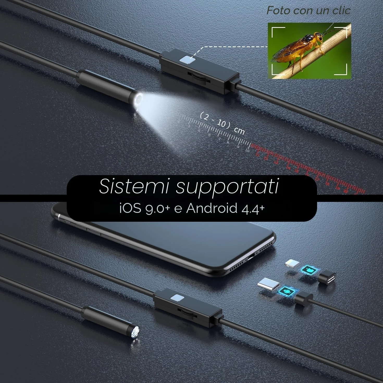 Endoscopio per Smartphone 1080P HD 7,9 mm IP67 Sonda Impermeabile Cavo Semirigido 5M Compatibile iOS Android