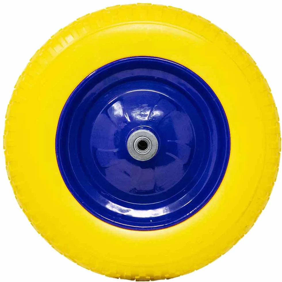 Ruota Piena in Poliuretano Giallo Antiforatura per Carriola Diametro 35cm Larghezza 9cm 3.50-8 Cerchio Acciaio Asse 170mm