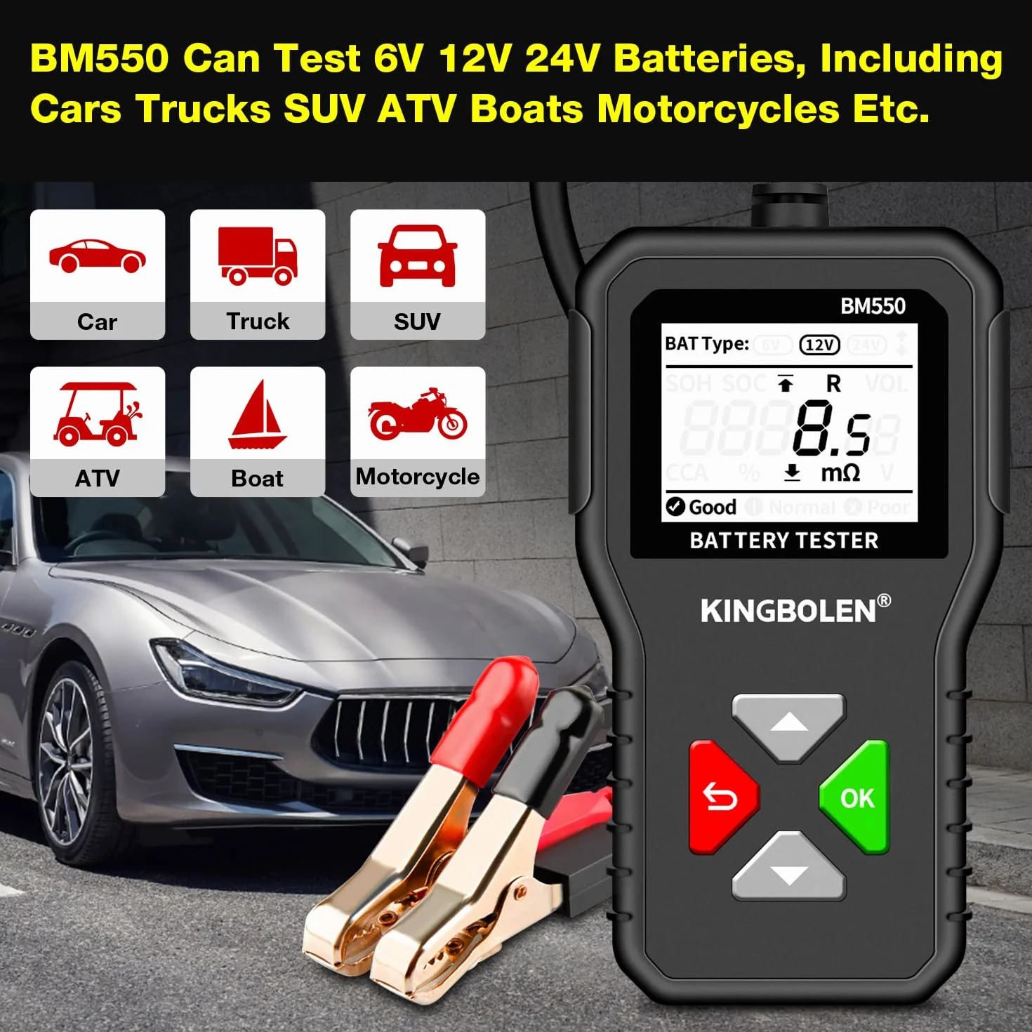 KINGBOLEN BM550 Tester Batteria 6V 12V 24V, Analizzatore Digitale 100-2000CCA 2-220Ah per Auto, Camion, Marina, Moto, SUV, Barca - Strumento di Test Alternatore