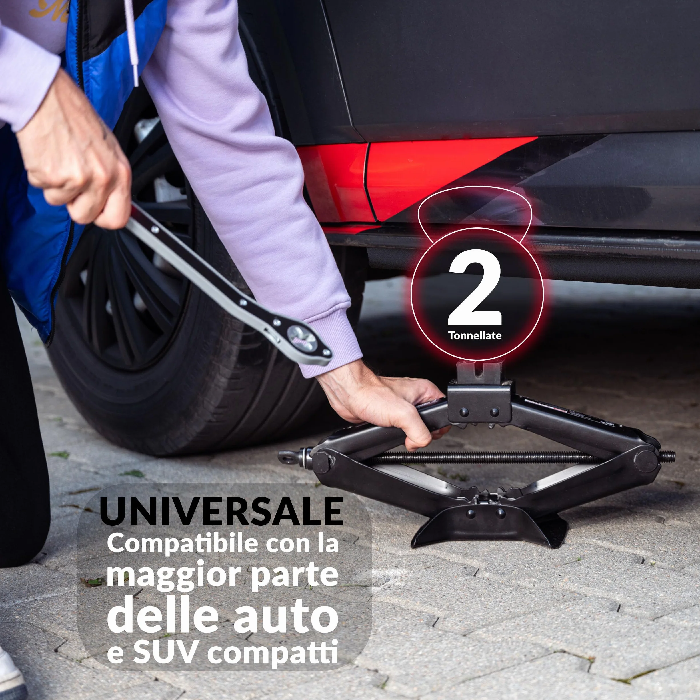LEHMANN Cric Auto 2T – Cric a Forbice Regolabile 120–420mm con Chiave a Cricchetto