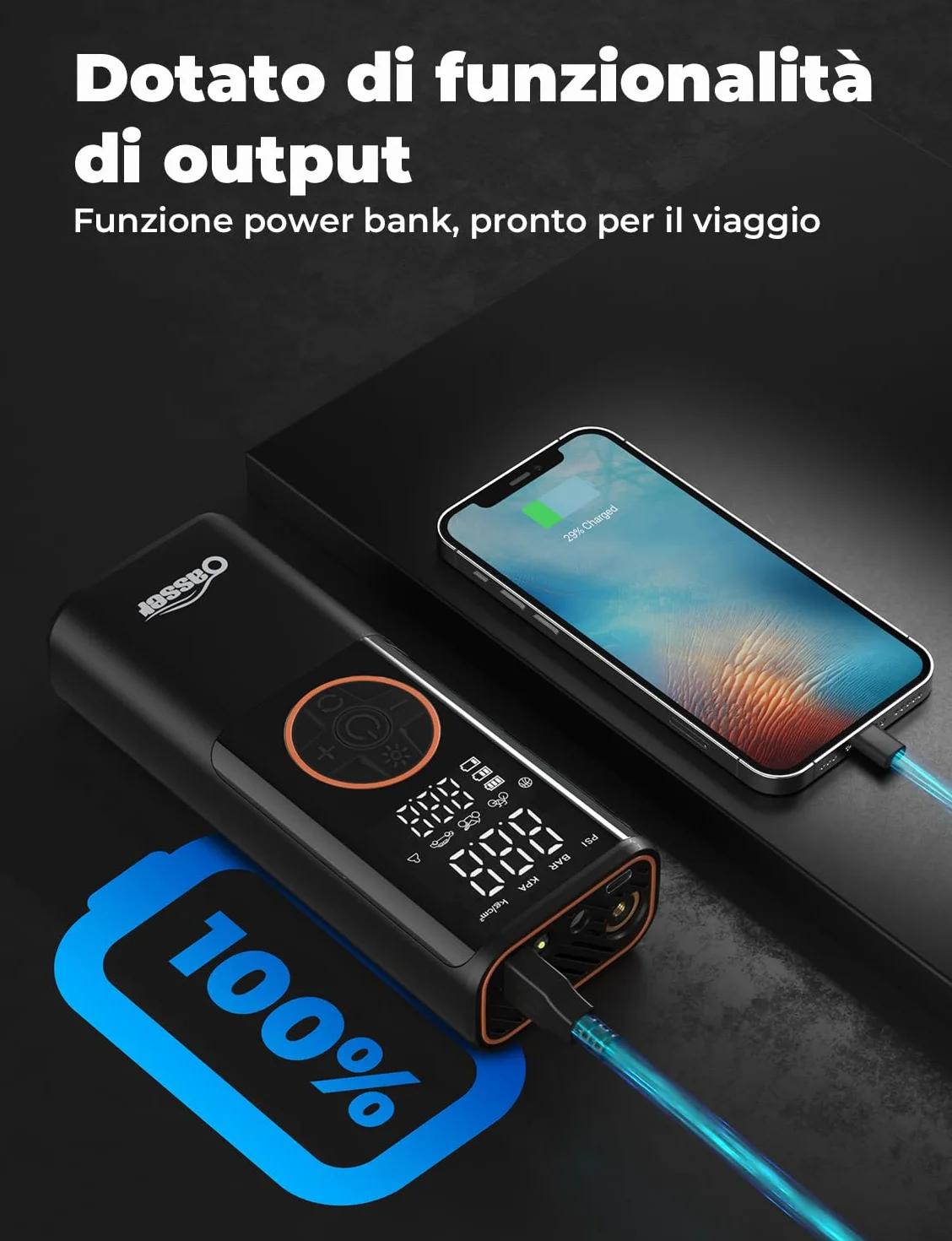 Oasser Compressore Aria Portatile 150PSI 6000mAh Doppio Schermo LCD Spegnimento Automatico Torcia LED