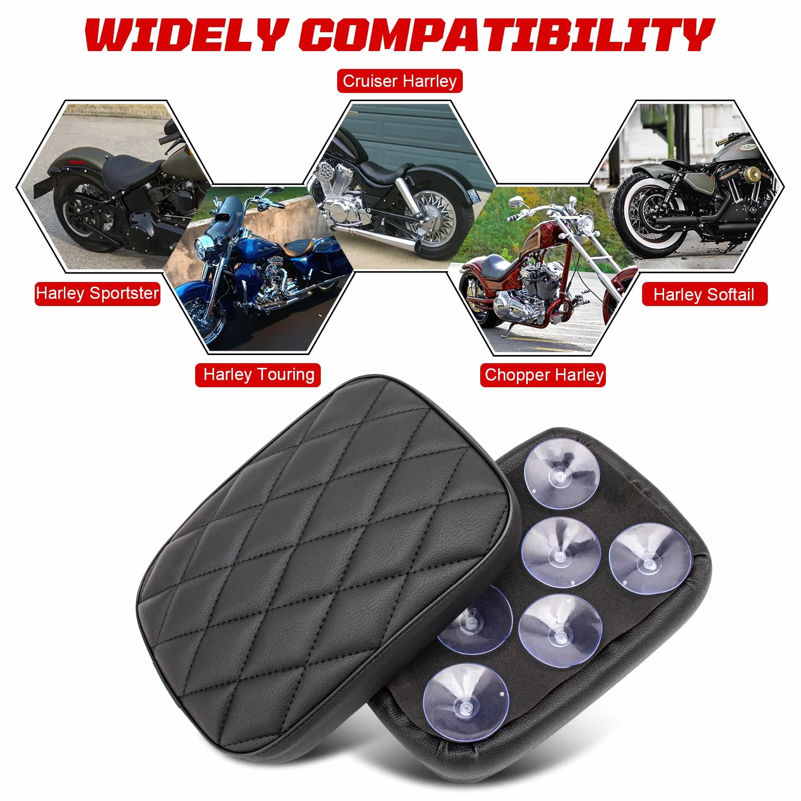 Sellino per passeggero moto, cuscino posteriore per moto, cuscino posteriore con 8 ventose compatibile con Harley Sportster XL 883 1200 Dyna per Softail Touring Cruiser Chopper Custom