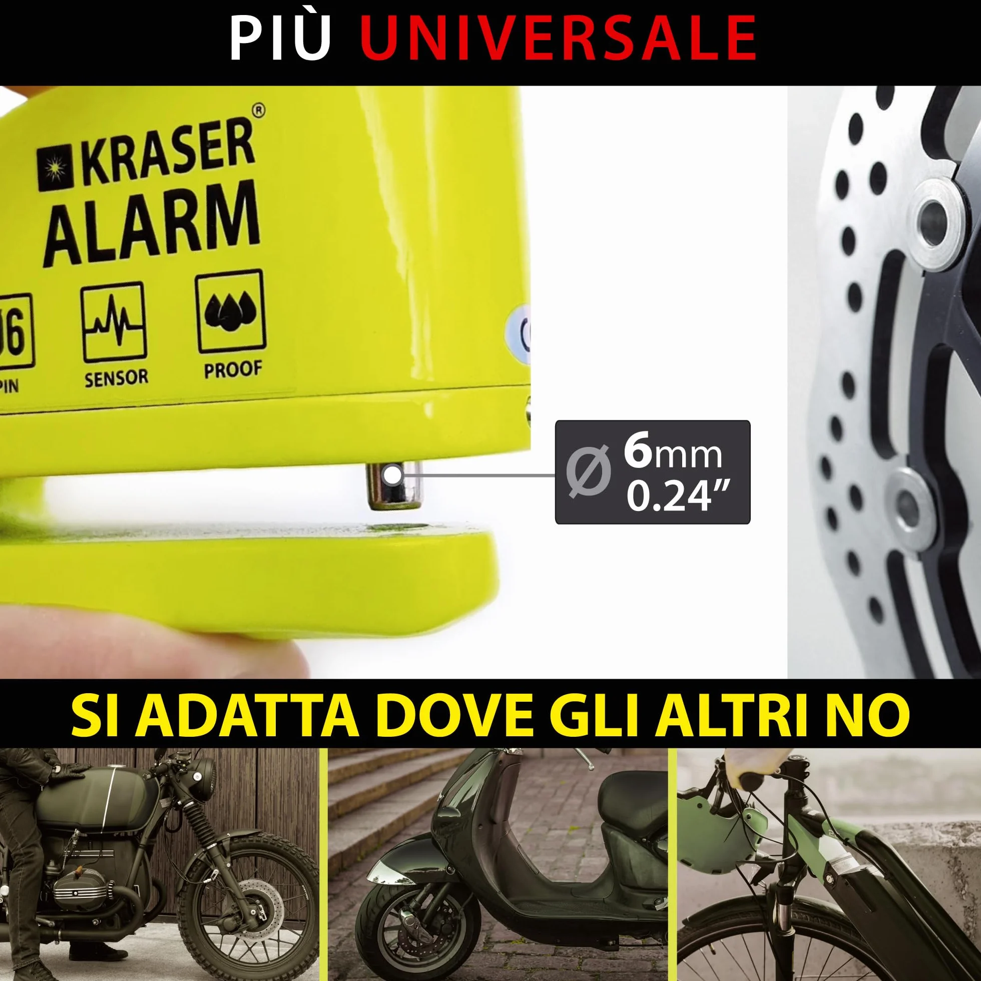KRASER KR6Y Blocca Disco per Moto con Allarme 110dB, Antifurto Moto, Impermeabile, Cavo Reminder 1.5m Borsa