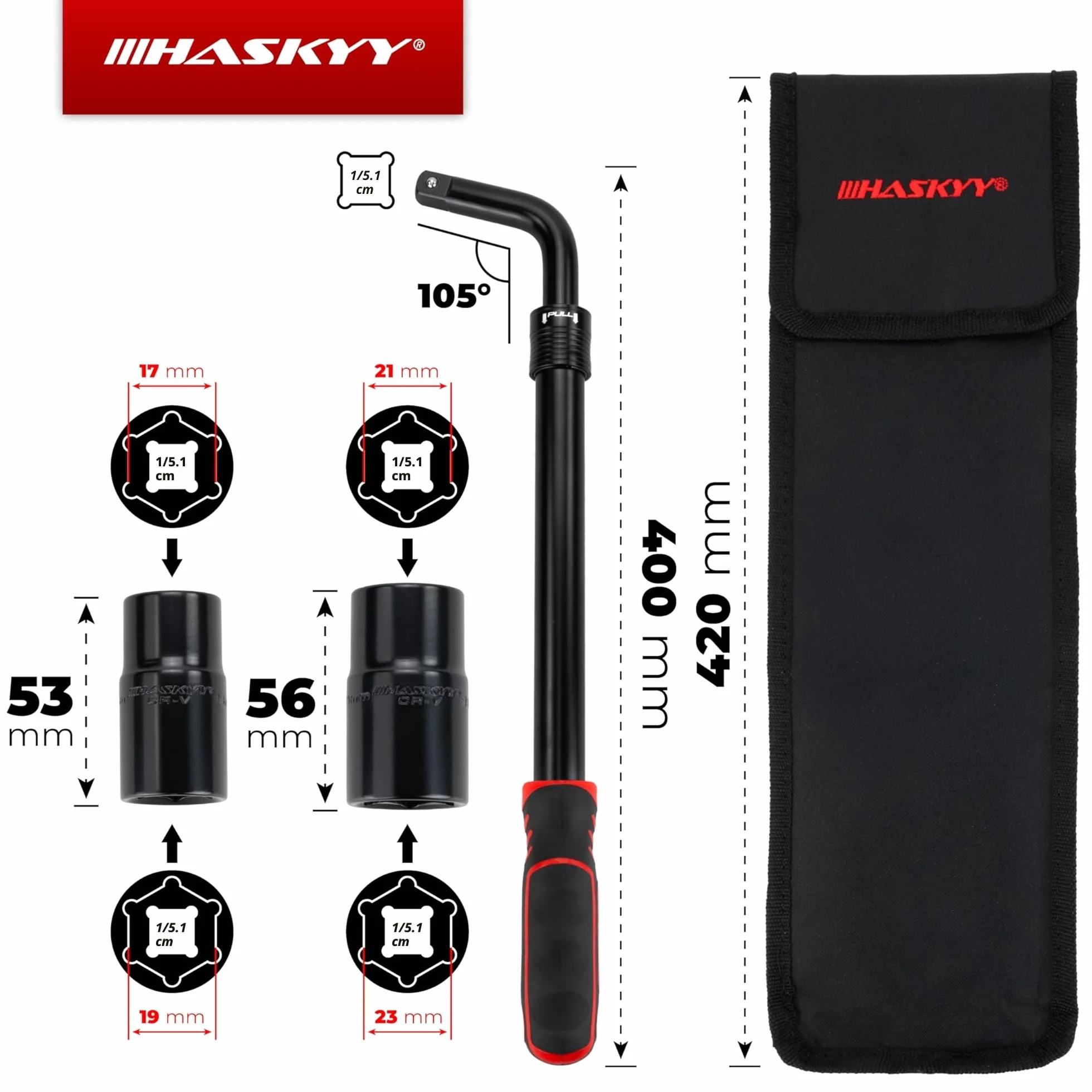 HASKYY Zestaw kluczy teleskopowych do nakrętek kół 355-530mm 1/2" 17/19mm 21/23mm