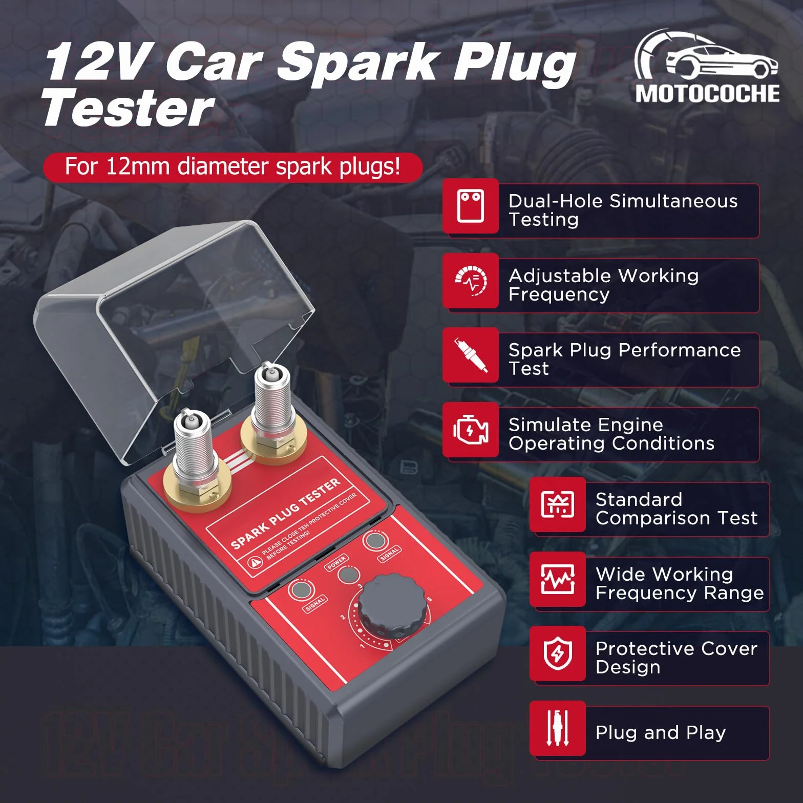 MOTOCOCHE Tester per Candele Auto 220V, Tester di Accensione a Doppio Foro 12V, 0-6000 giri/min Rilevatore Candele 12mm