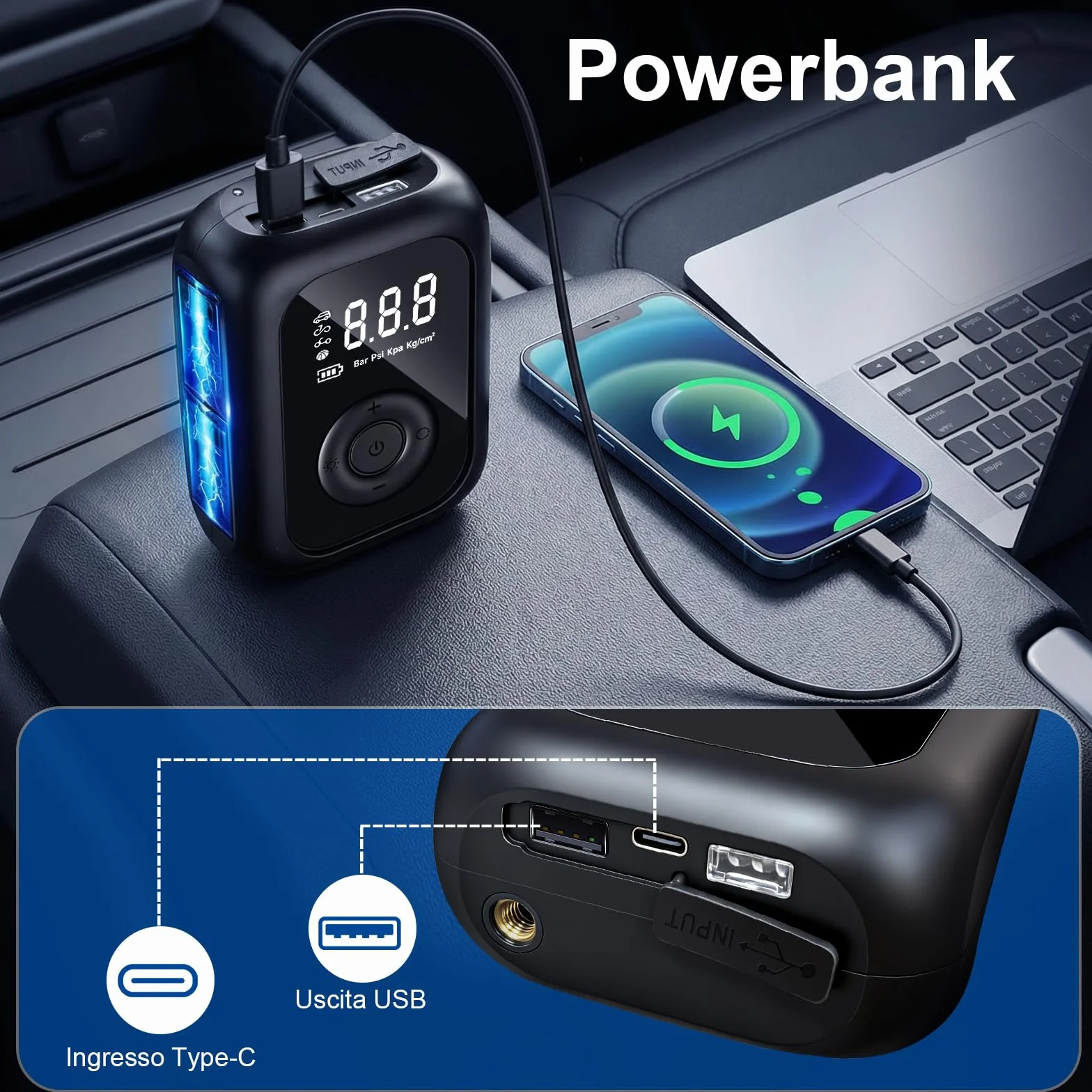 Compressore Aria Portatile 150PSI Pompa Elettrica Bicicletta Mini Schermo LED Digitale Illuminazione LED Auto Moto