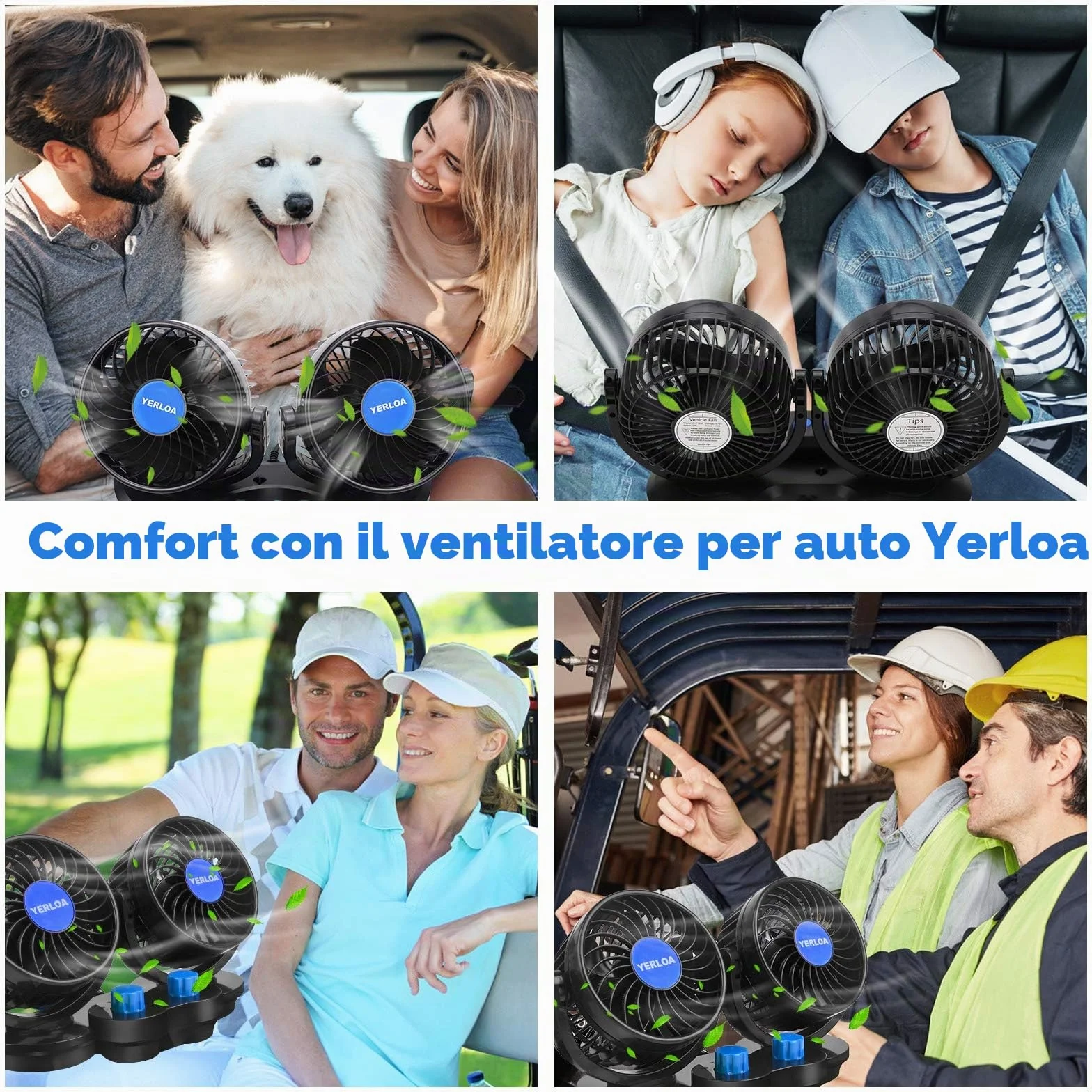 Yerloa Ventilatore Auto 12V a Doppia Testa Silenzioso 360° Raffreddamento per SUV Camper Barca RV