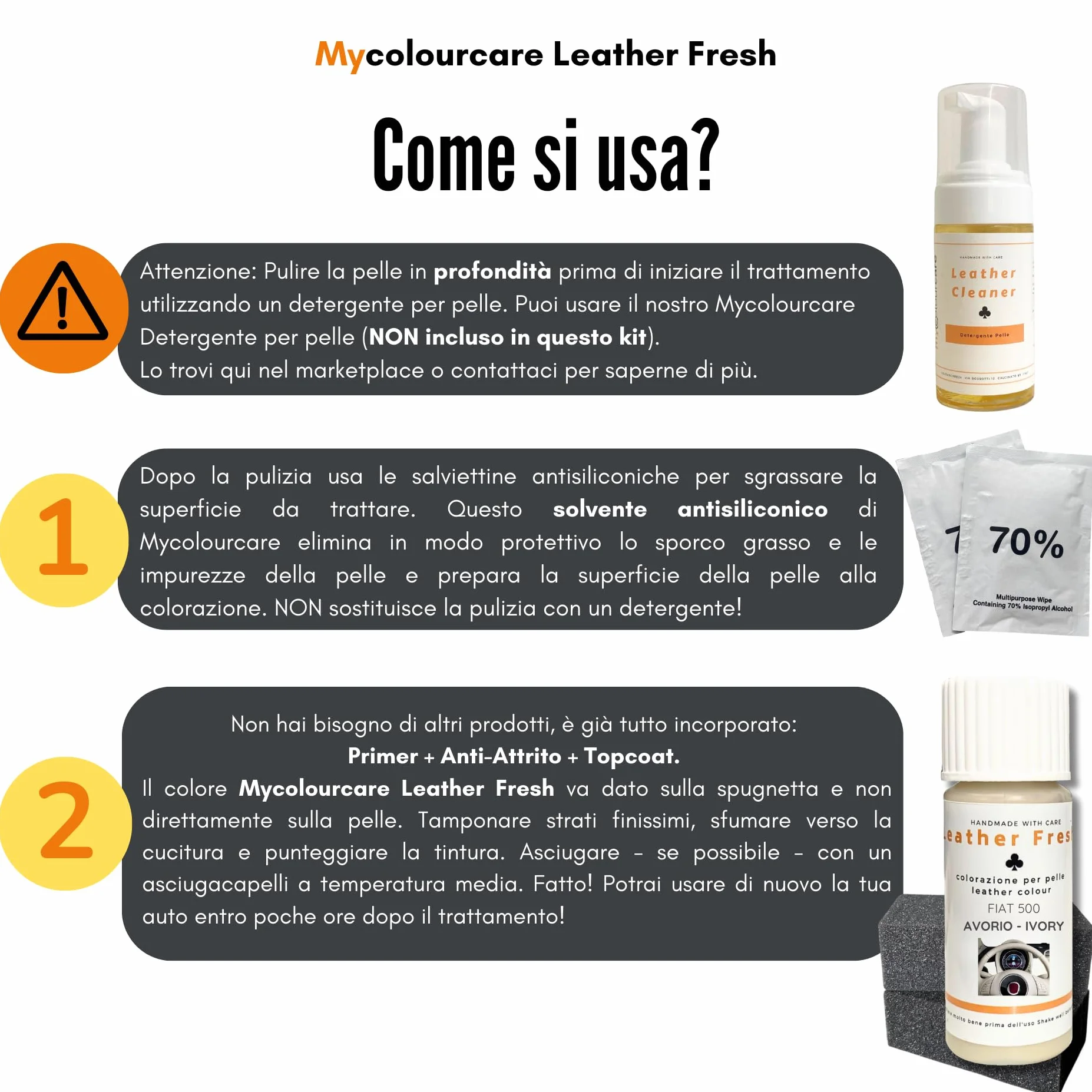 Mycolourcare Kit Ritocco Volante compatibile Fiat 500 Bianco Avorio Pelle Similpelle 3 in 1