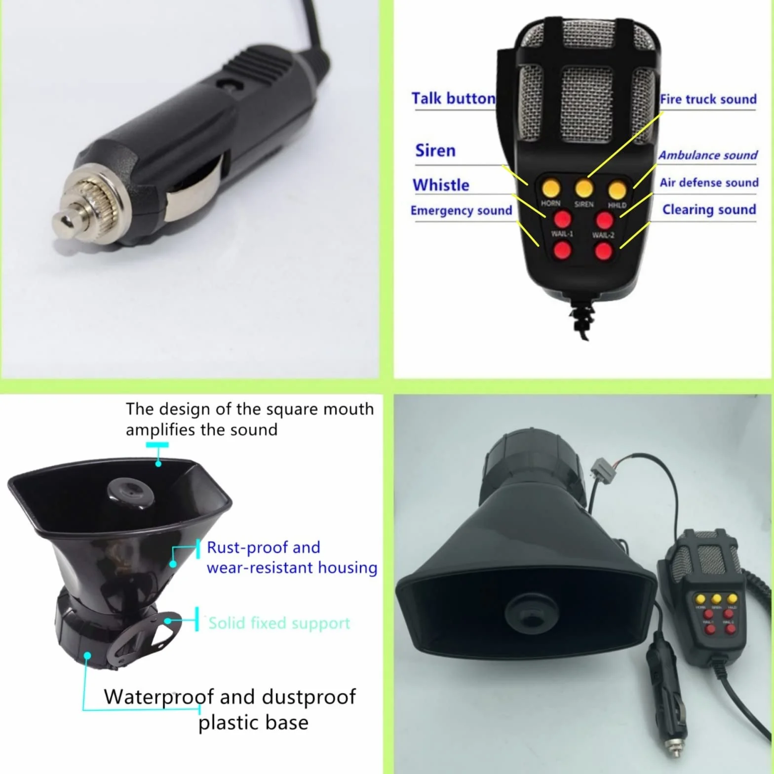 Clacson per Auto Collegare l'Accendisigari 130db Car Horn Amplificatore del Suono di Emergenza Sirena Con Microfono PA 7 Toni per 12V Macchina Barca