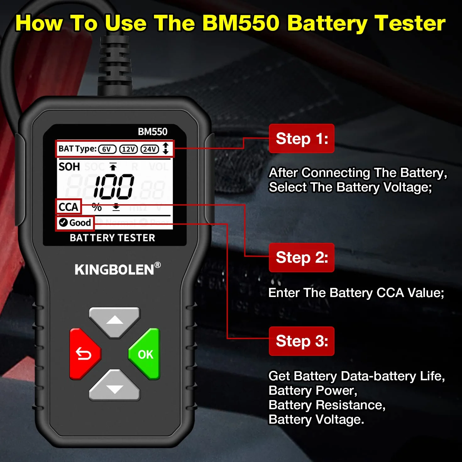 KINGBOLEN BM550 Tester Batteria 6V 12V 24V, Analizzatore Digitale 100-2000CCA 2-220Ah per Auto, Camion, Marina, Moto, SUV, Barca - Strumento di Test Alternatore