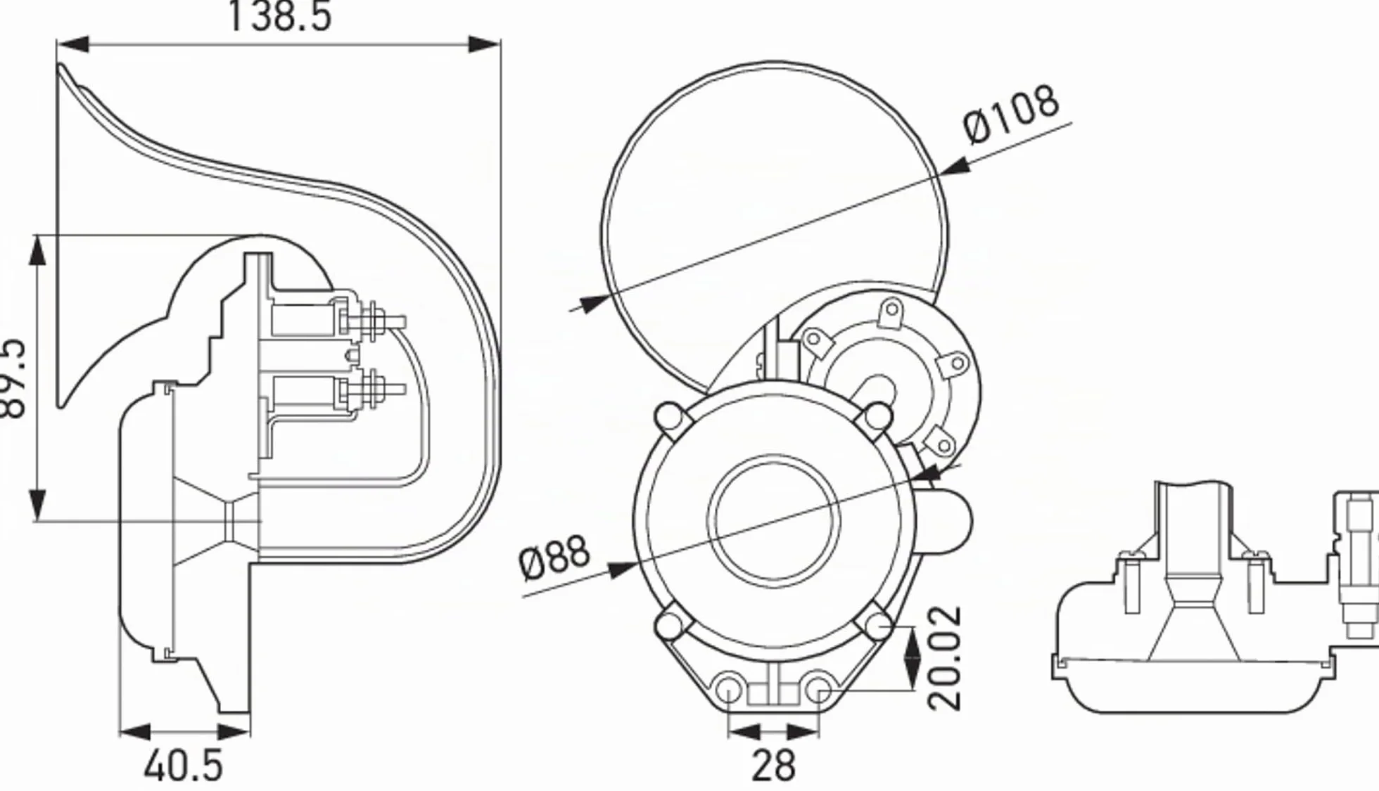 HELLA Tromba CA20 - 115dB(A) - Gamma frequenze: 400Hz - Tono alto - elettrico-pneumatico - ECE - Colore alloggiamento/sede: nero - Quantità: 1 - 3PA 013 410-041