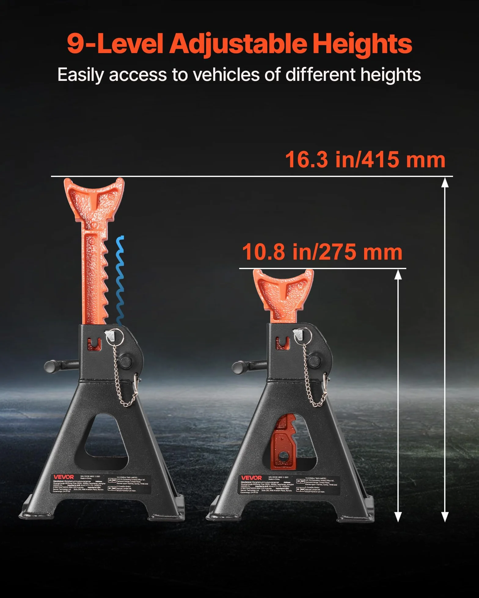 VEVOR Cavalletti di Sollevamento 3 Tonnellate, Altezza Regolabile 275-415 mm, Acciaio Doppio Bloccaggio per Auto SUV