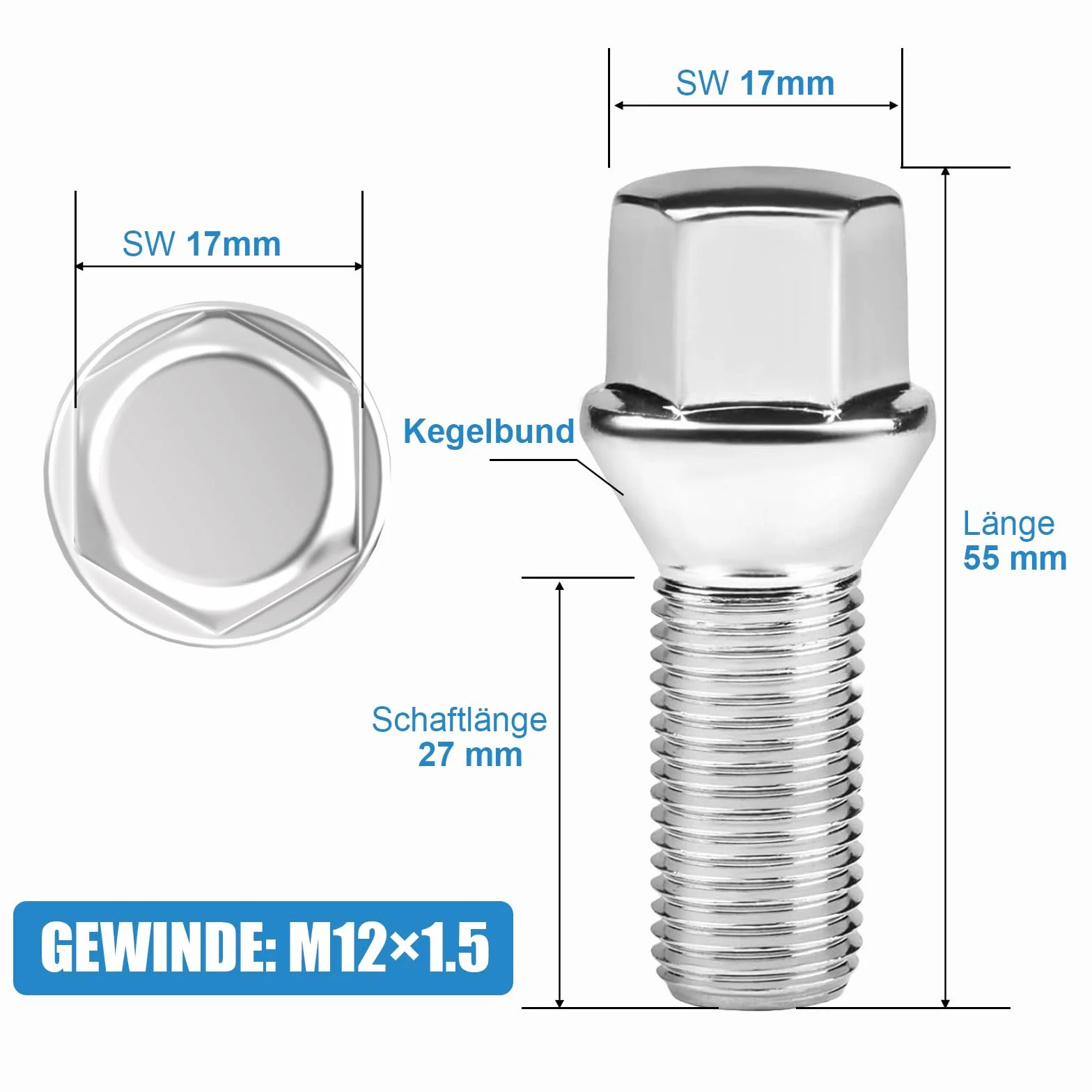 Bulloni per ruota M12 x 1,5 x 28 mm conico SW 17 mm compatibili BMW