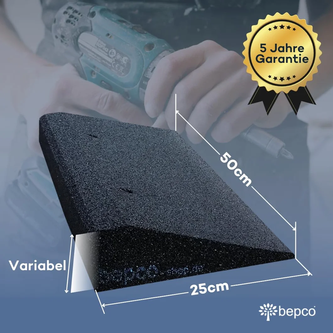 Bepco Rampa per bordo del marciapiede, LxLxA: 50 x 25 x 5 cm in gomma (nero) Rampa di carico, rampa per soglia della porta, con rondelle inserite da avvitare