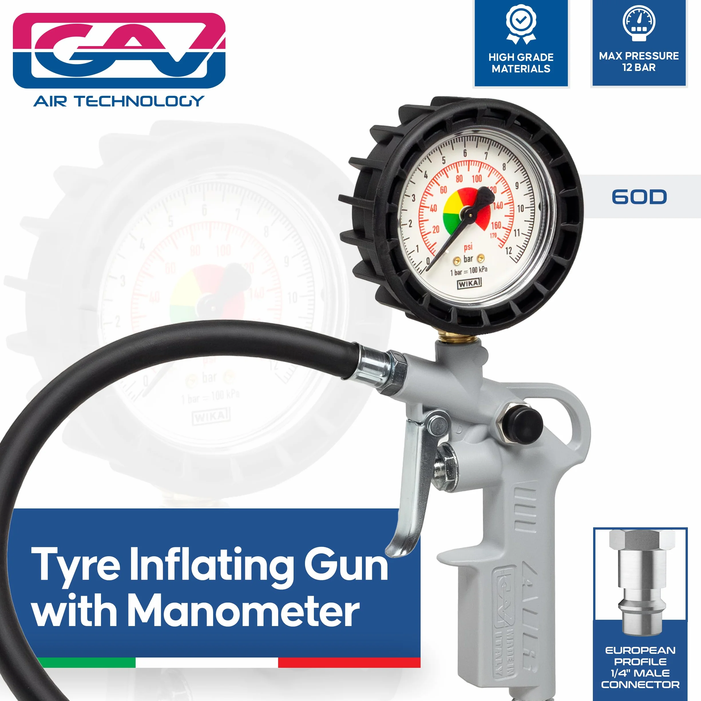 GAV Pistola Gonfiaggio Pneumatici Professionale Manometro WIKA 63mm BAR PSI Auto Moto Camion Biciclette