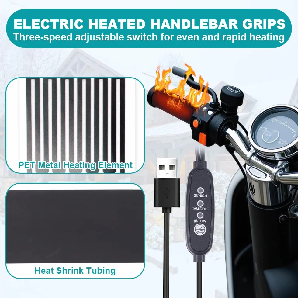 Manopole Riscaldate Moto, HOVCEH 1 Paio 5V USB Universale Manopole Riscaldate, Temperatura a Tre Livelli, Heated grips per Motociclette, Biciclette, Scooter
