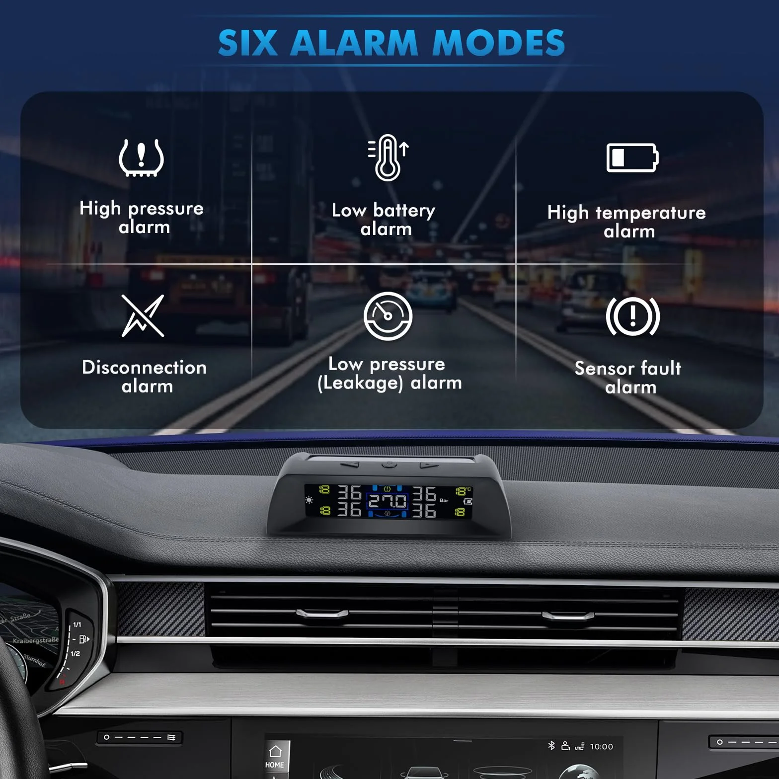 KAOLALI TPMS Sistema Monitoraggio Pressione Pneumatici con 4 Sensori 0-72 PSI Allarme Temperatura
