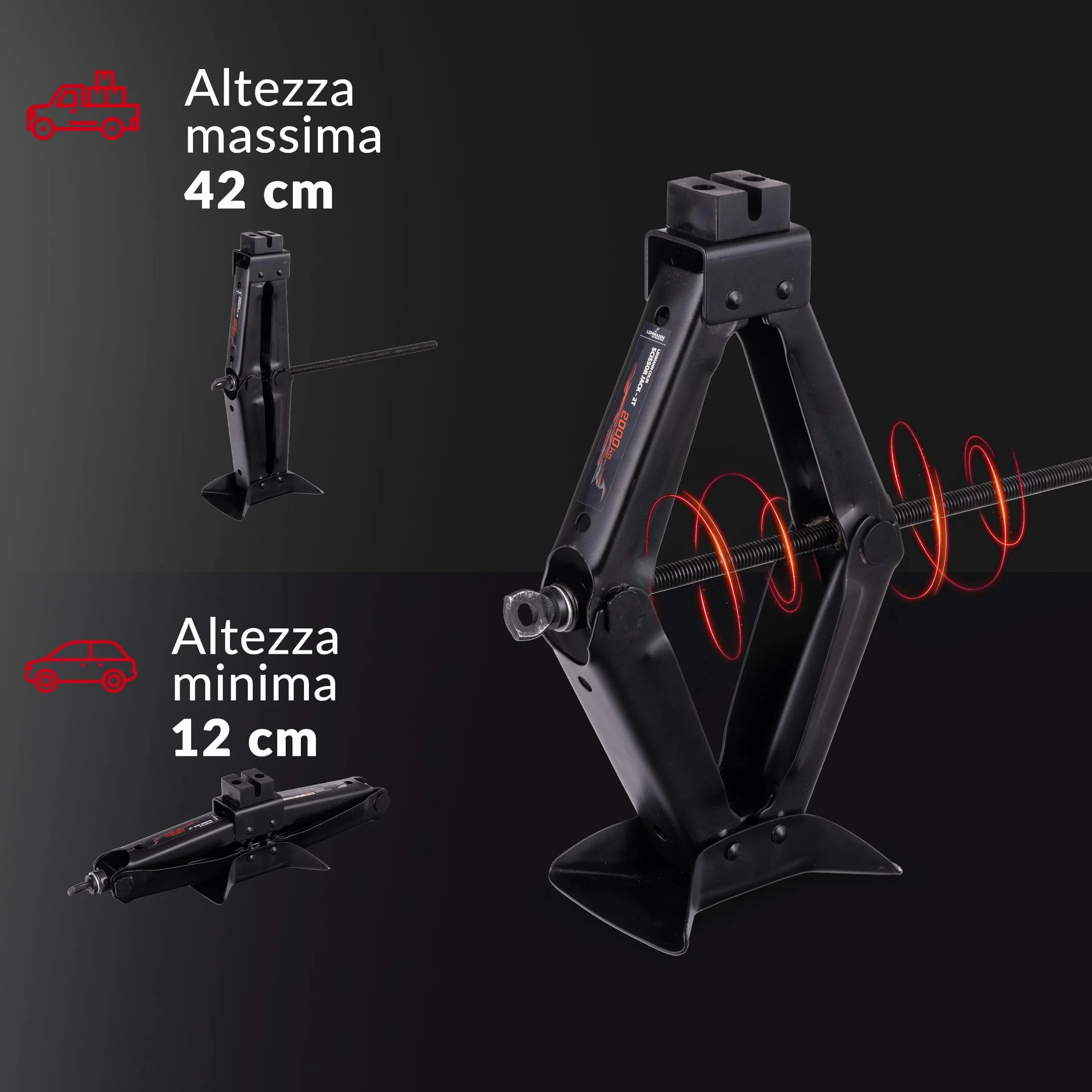 LEHMANN Cric Auto 2T – Cric a Forbice Regolabile 120–420mm con Chiave a Cricchetto