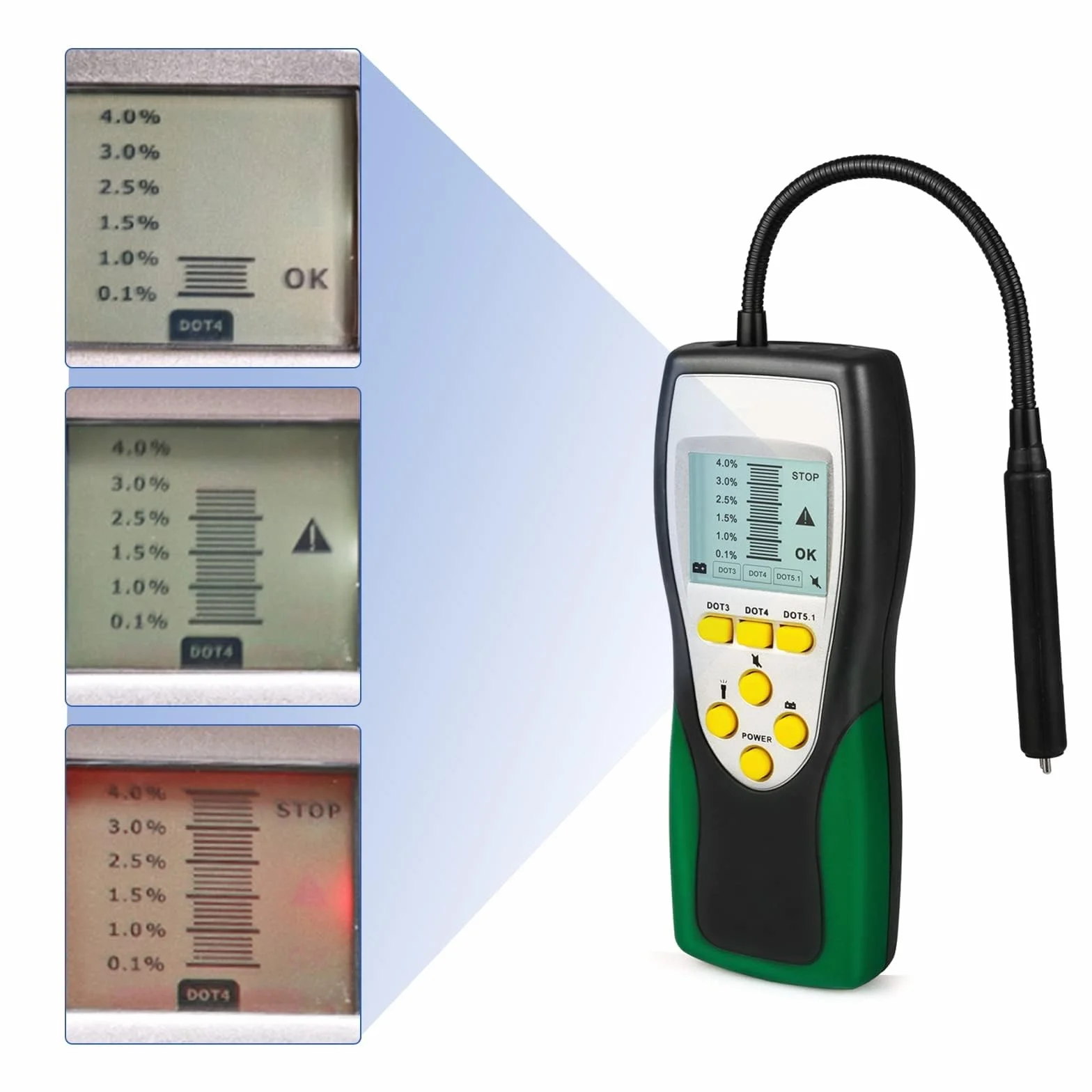 Tester Fluido Freni Auto DOT3 DOT4 DOT5.1 Display LCD 2.2" Brake Fluid Tester con Sonda 250 mm