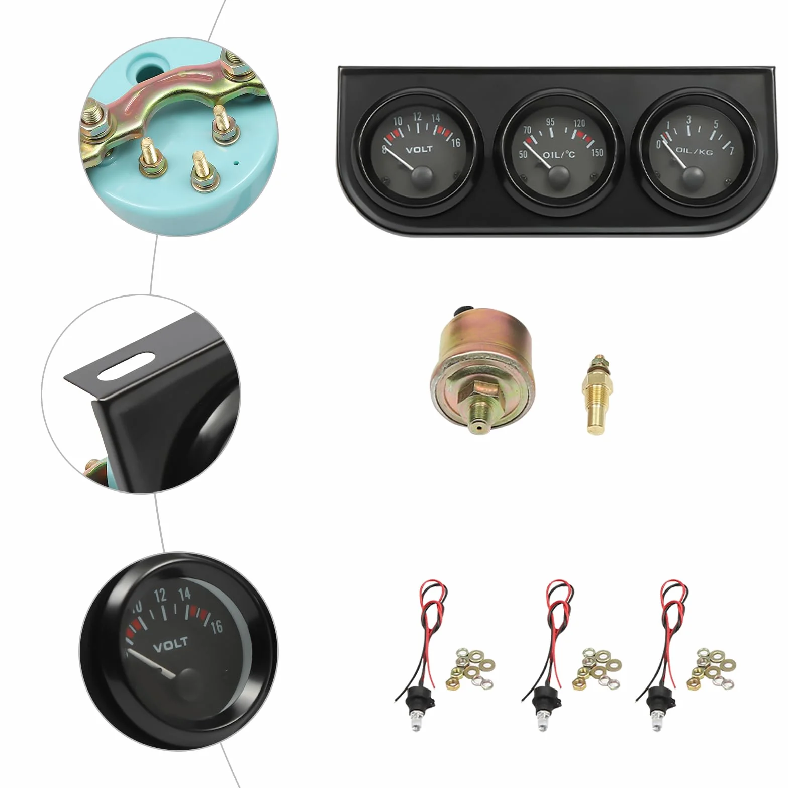 3 in 1 strumenti per auto, temperatura dell'olio, indicatore di voltaggio, per veicoli da 8 a 16 V, facile lettura